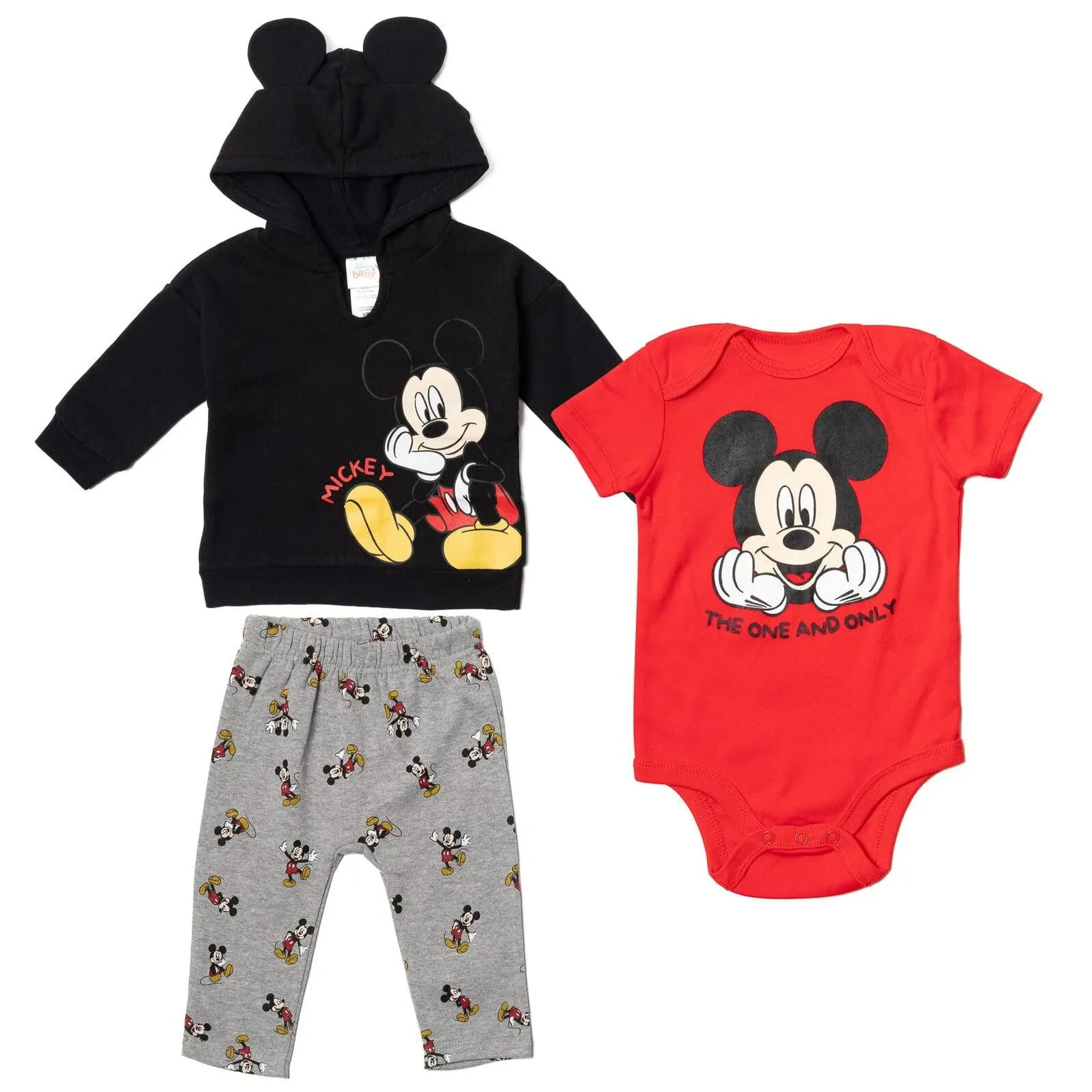 Disney Classics Winnie the Pooh Mickey Mouse Baby Hoodie Bodysuit and Pants 3 Piece Outfit Set (Newborn - 24 Months)