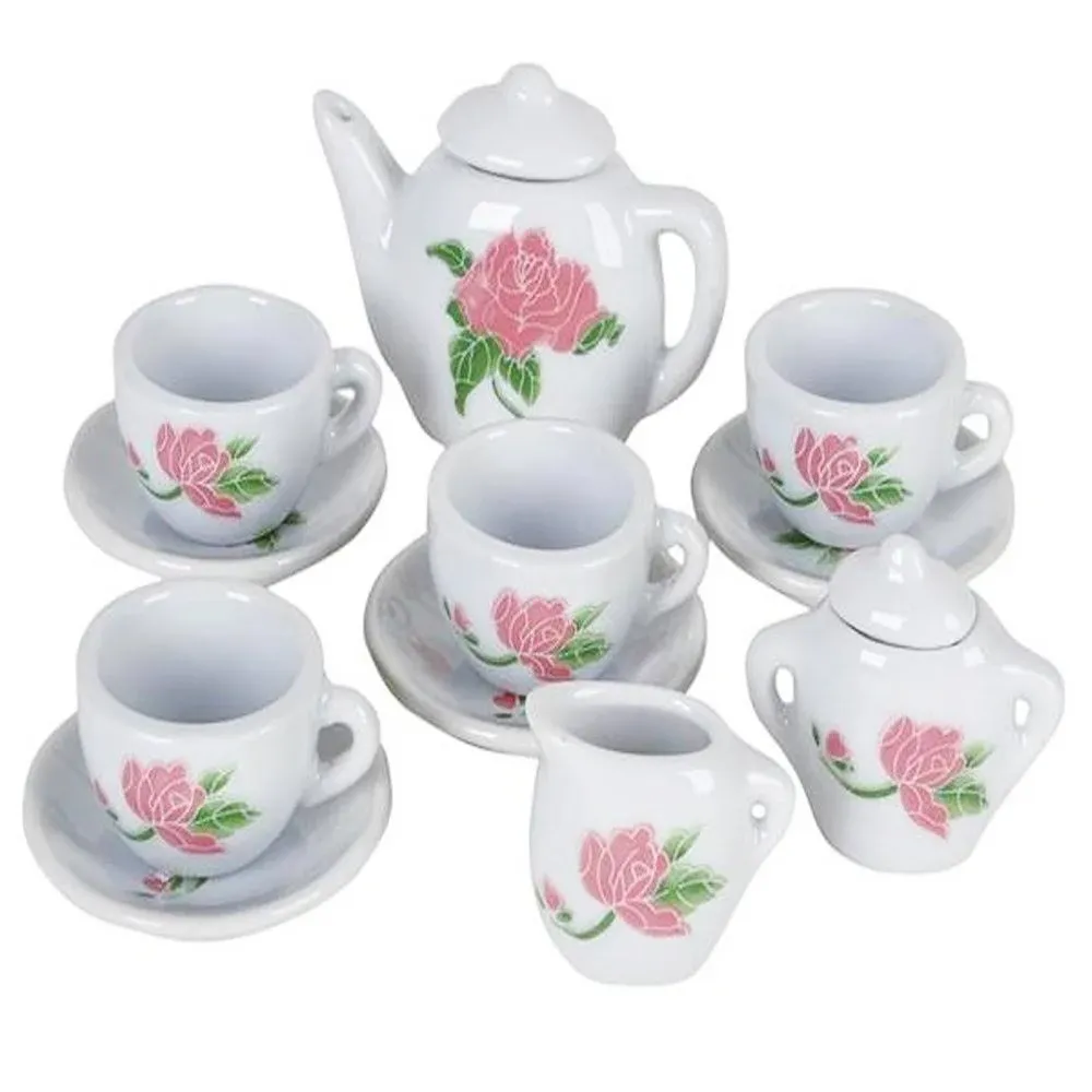 ArtCreativity Rose Flower Ceramic Doll Tea Set - 13 Pieces - Includes Cups and ...