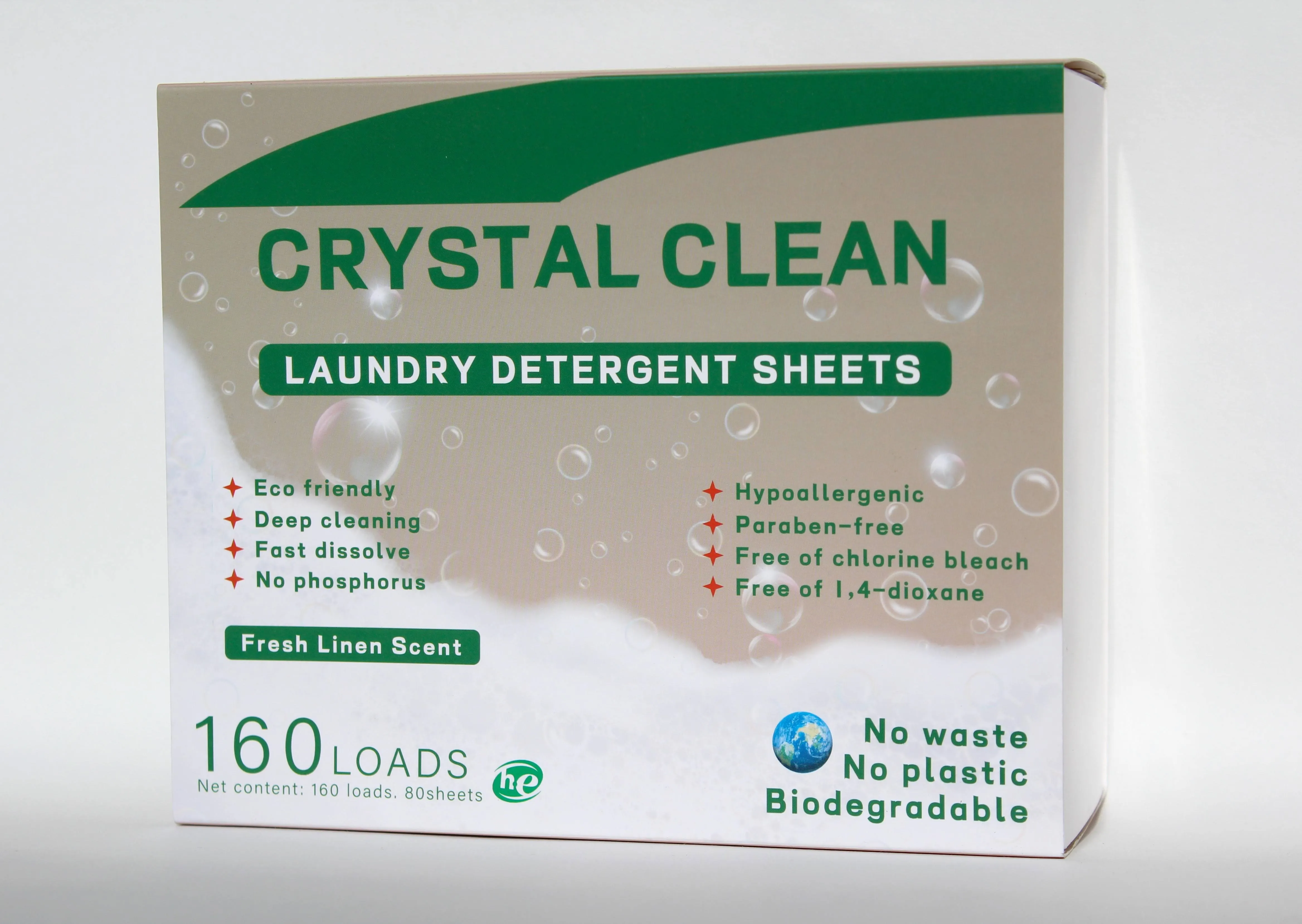 CRYSTAL CLEAN Laundry detergent sheets.  Linen Scent, Trial size, up to 20 loads