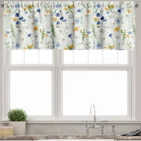 Ambesonne Flower Window Valance, Wild Flowers Poppies and Daisies Rural Nature Scenery in Meadows Rustic, Curtain Valance for Kitchen Bedroom Decor with Rod Pocket, 54" X 12", Blue Yellow