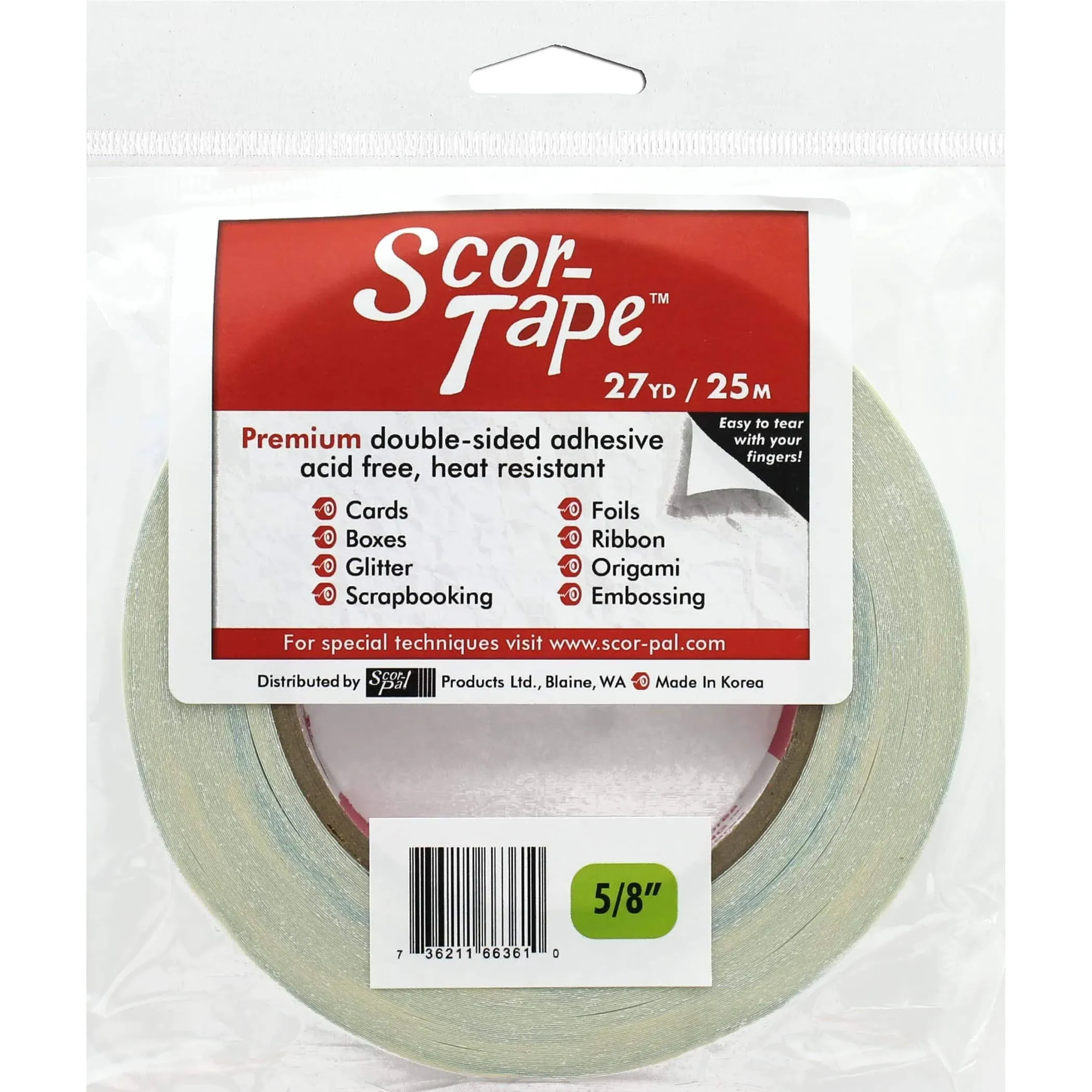 Scor-Tape 0.625" (5/8") wide x 27 yards long, double sided adhesive