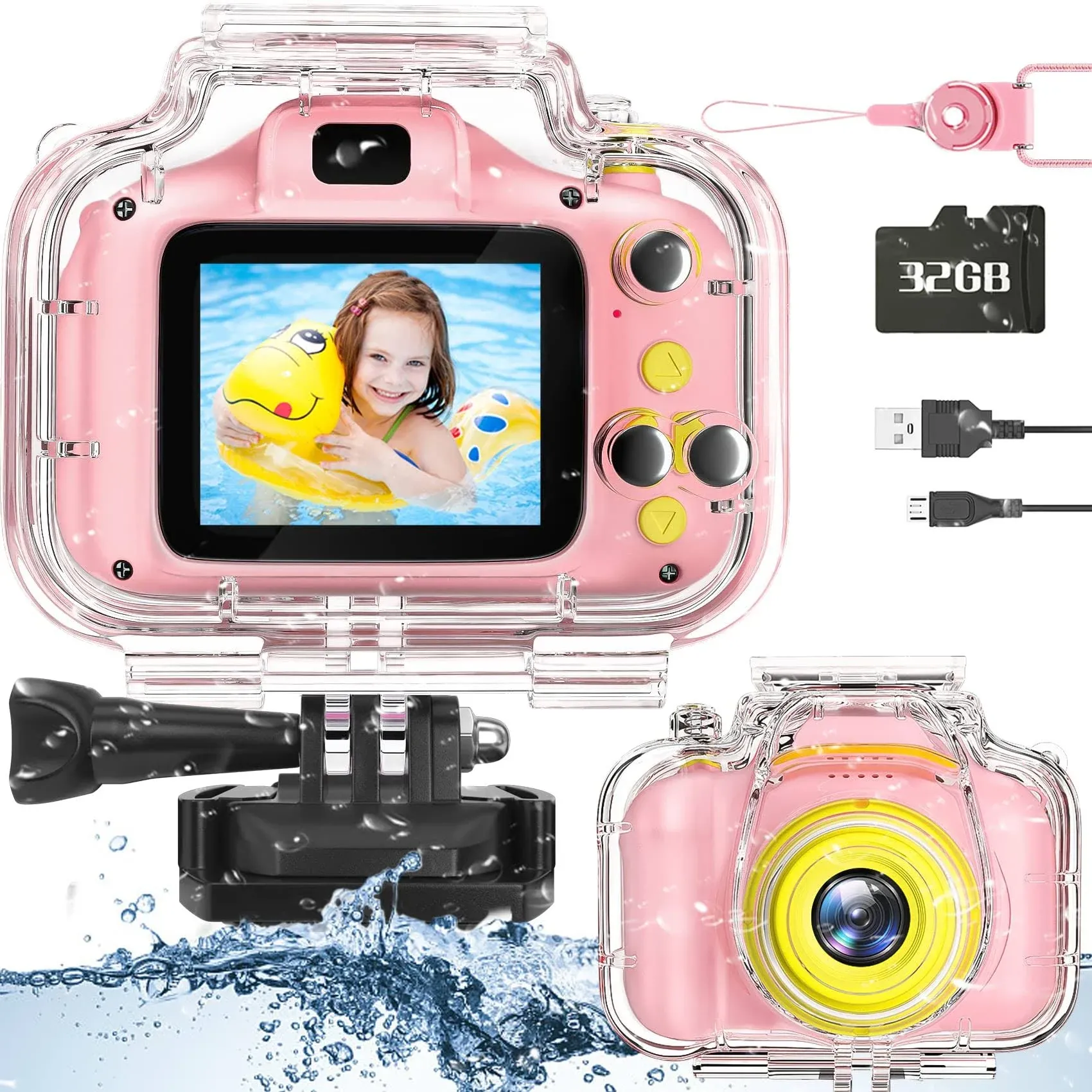 Kids Waterproof Camera - Birthday Gifts for 3 4 5 6 7 8 9 10 Year Old Boys 2 Inch IPS Screen Underwater Action Camera with 32 GB SD Card, Pool Toys for Kids Age 8-12 Green