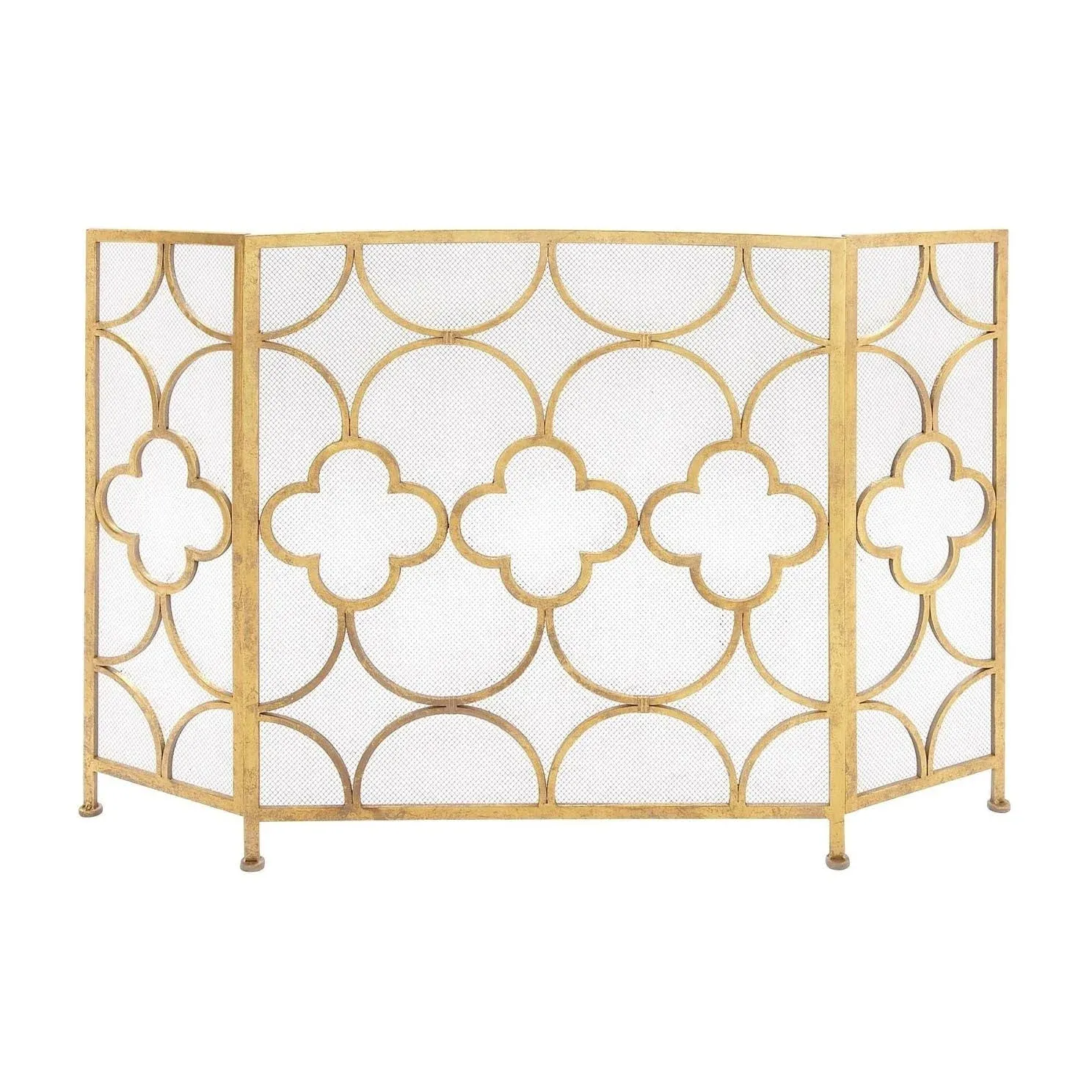 Benzara Space Efficient 3 Panel Metal Fireplace Screen, Gold