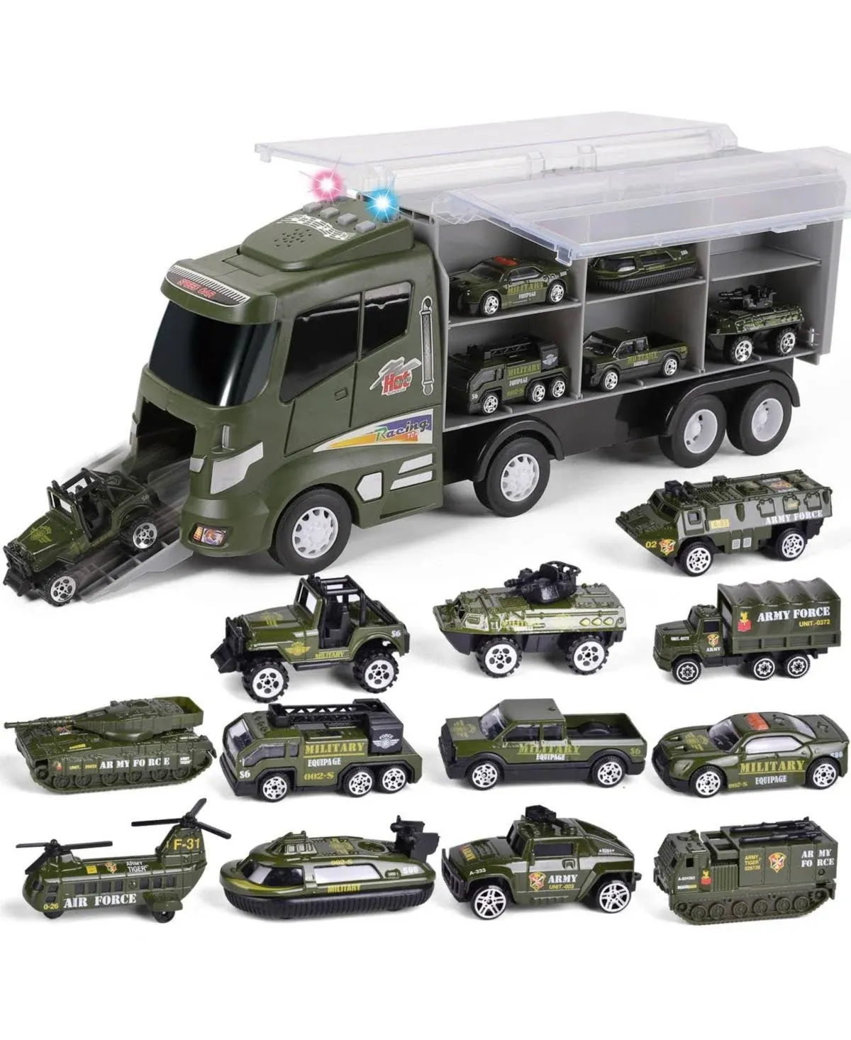 Fun Little Toys 12 in 1 Die-cast Army Toy Truck with Mini Military Vehicles, Army Toy Cars in Carrier Truck with Lights and Sounds, Military Toys for Kids Birthday Xmas Gifts