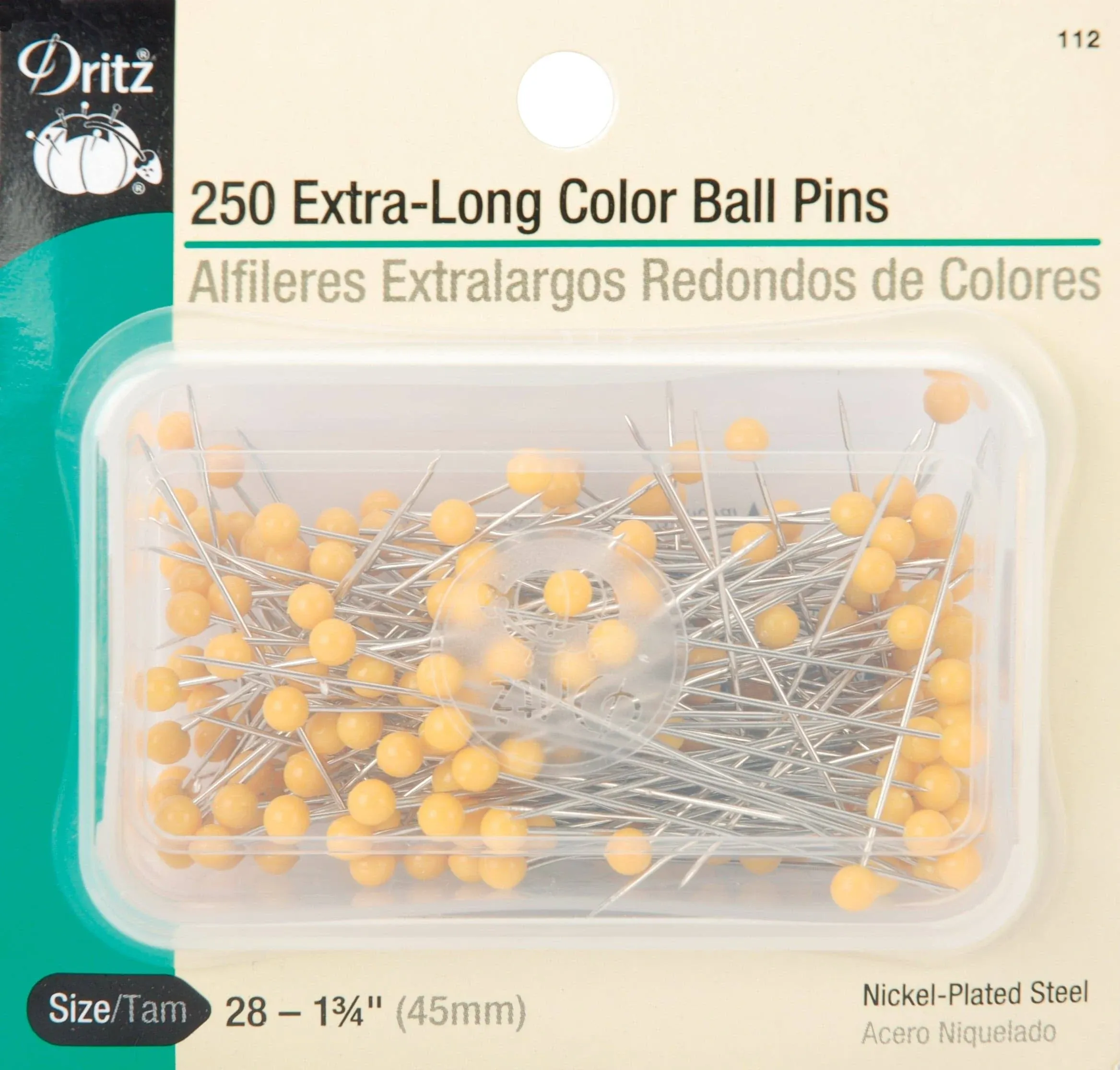 Dritz 112 Color Ball Pins, Extra Long, 1-3/4-Inch (250-Count) , Yellow