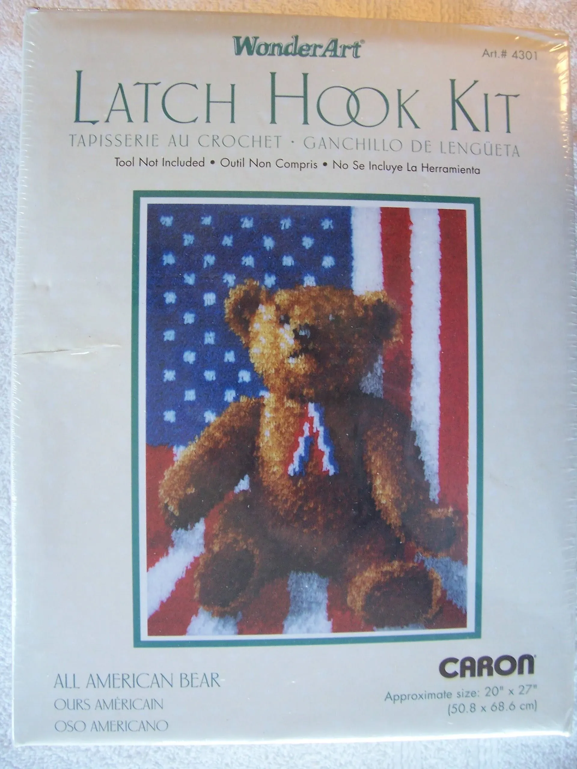 NEW Vintage WonderArt Caron Latch Hook Kit All American Bear Flag #4301, Sealed