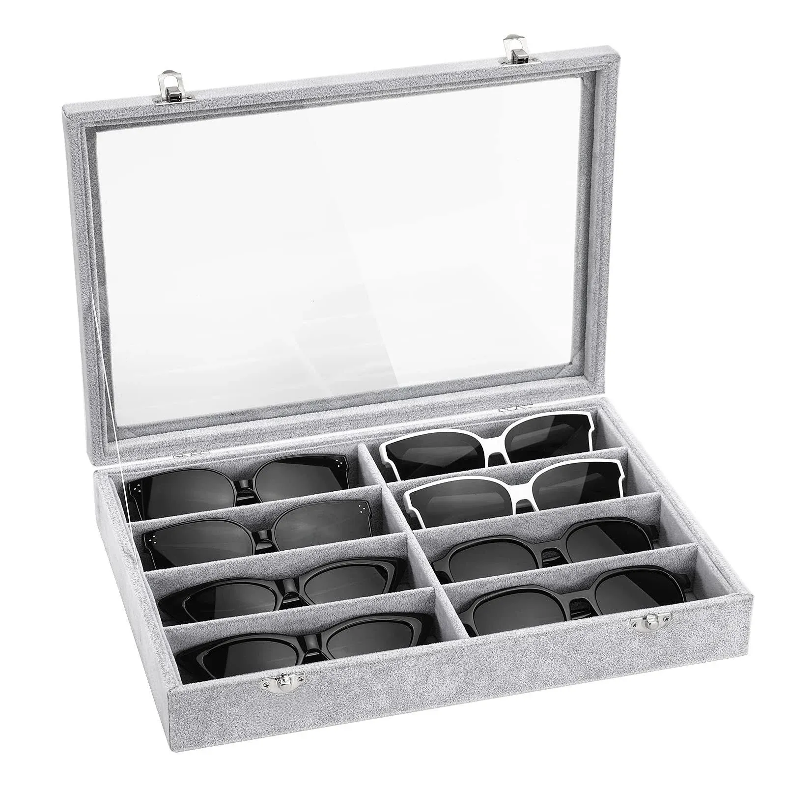 Glasses Organizer Jewelry Tray, 8 Grids with Clear Lid Velvet Tray Watch Stor...