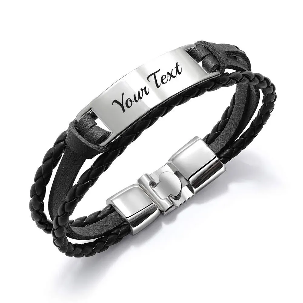 Glooraca Bracelet en cuir tressé pour homme avec nom gravé personnalisé - Cadeau pour homme, papa, mari, grand-père, petit ami de 1 à 6 noms