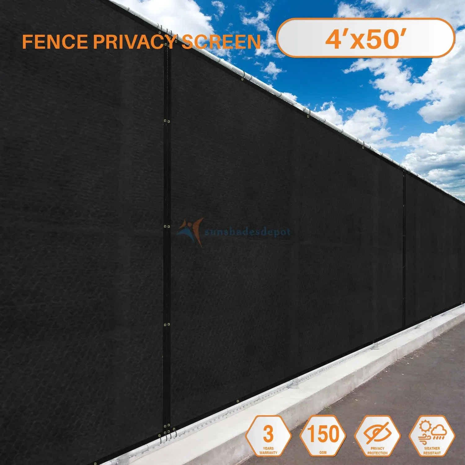 TANG Sunshades Depot 4&#039;FTx50&#039;FT Black Privacy Fence Screen Temporary Fence Sc...