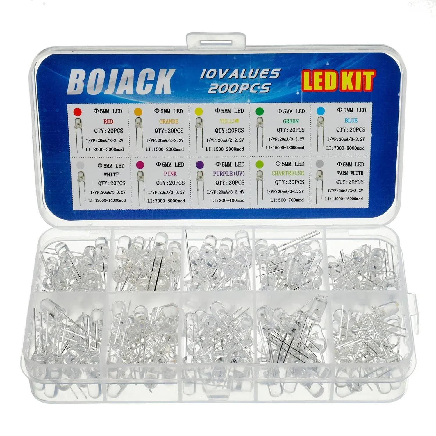 BOJACK 10 Colors 200 Pcs 5mm LED Diode Lights Assored Kit Pack (Transparent DC 2V - 3.2V 20mA) Bright Lighting Bulb Lamps Electronics Components 5 mm Light Emitting Diodes Parts