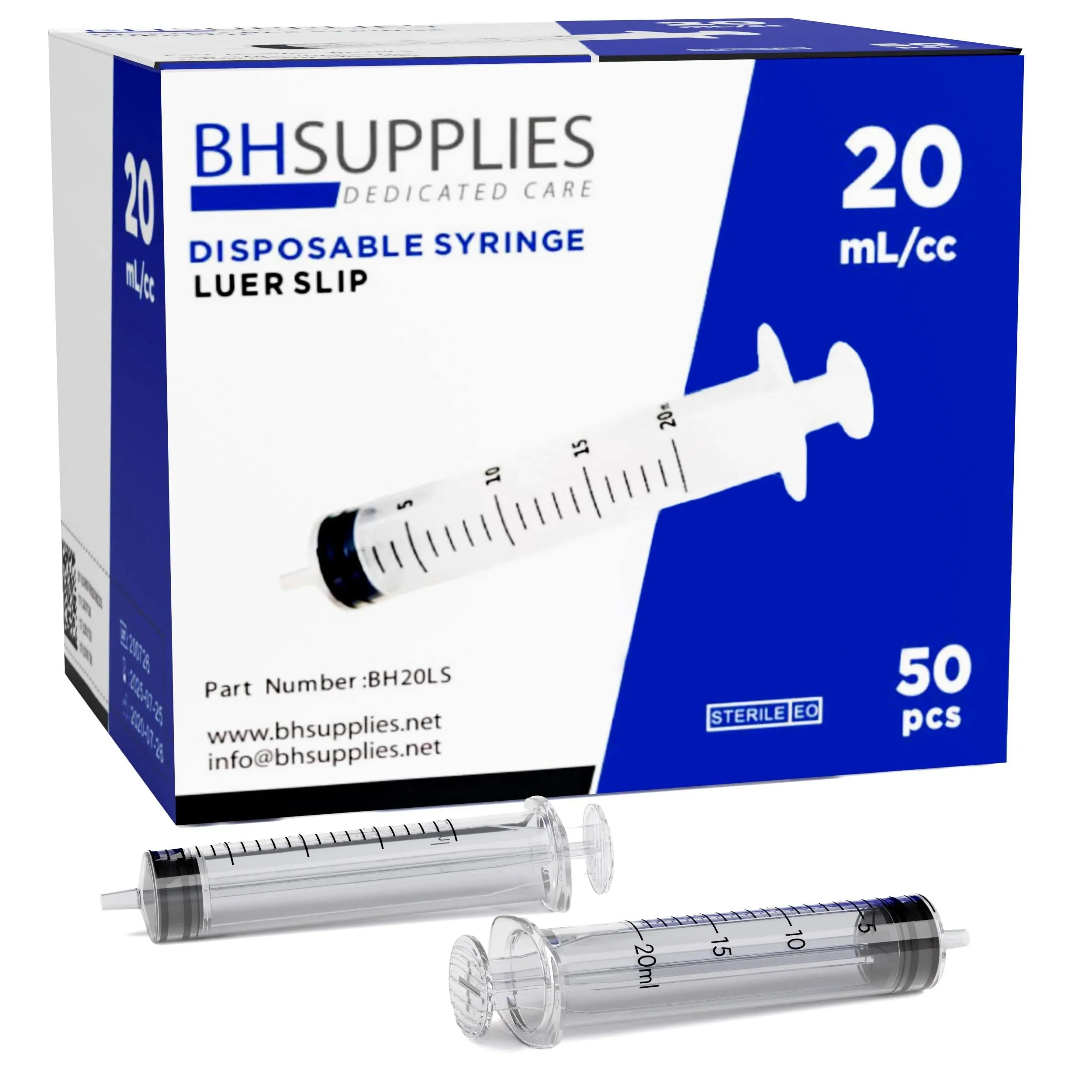 BH Supplies 20ml Luer Slip Tip Syringes (No Needle) Sterile, Individually Wrapped 50 Syringes