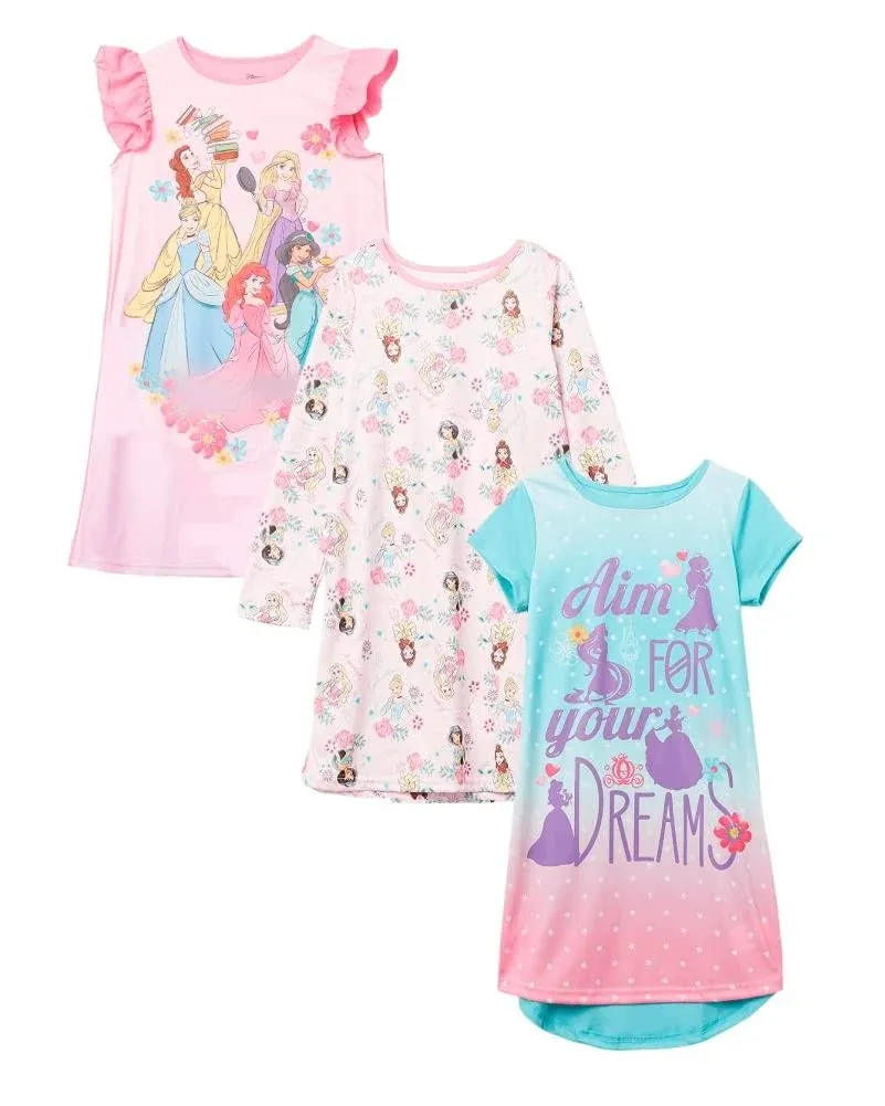 Disney Girls&#039; Princess 3-Pack Nightgown, GIRLS RULE 2, 6 Multi