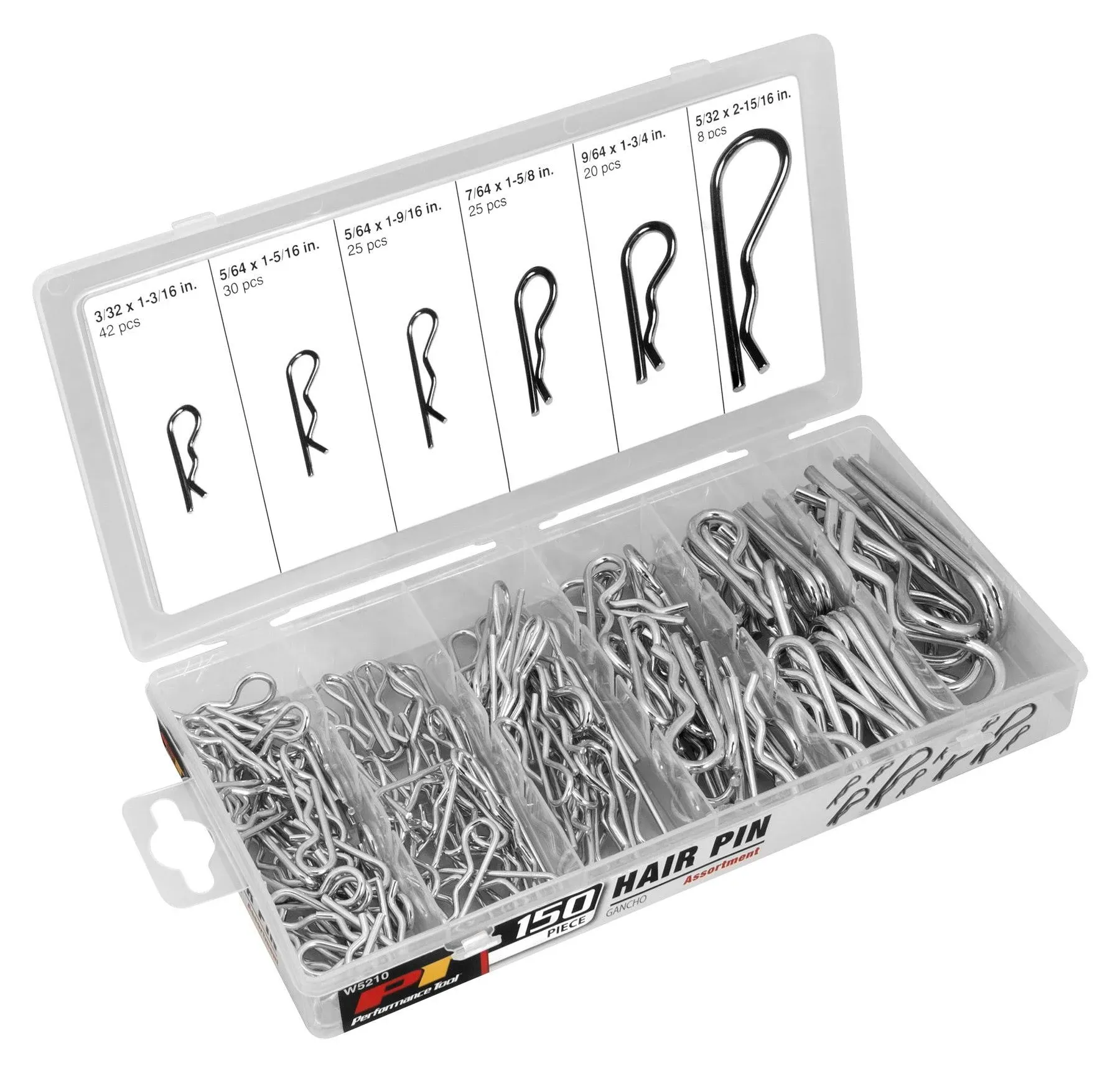 Performance Tool W5210 Hair Pin Assortment Kit, 150 Piece | Zinc Plated Steel Clips | For Use on Hitch Pin Lock System