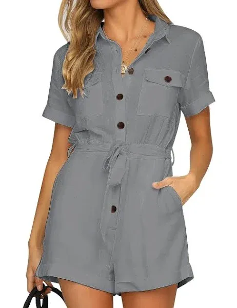 GRAPENT Women&#039;s Summer Short Sleeve Button Down Pockets Belted Jumpsuits Rompers