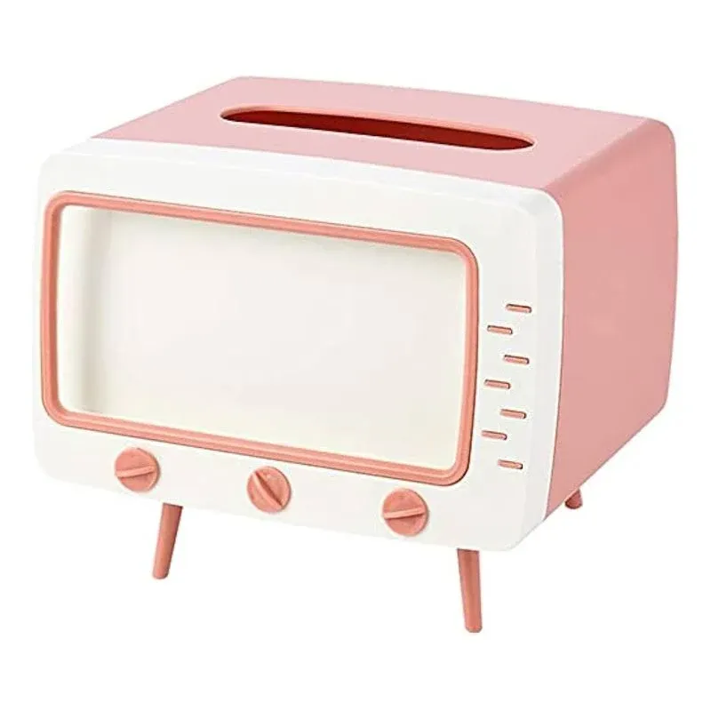 Cute Creative TV Shaped Tissue Box Dispenser Storage Tissue Holder with Phone Holder Pink