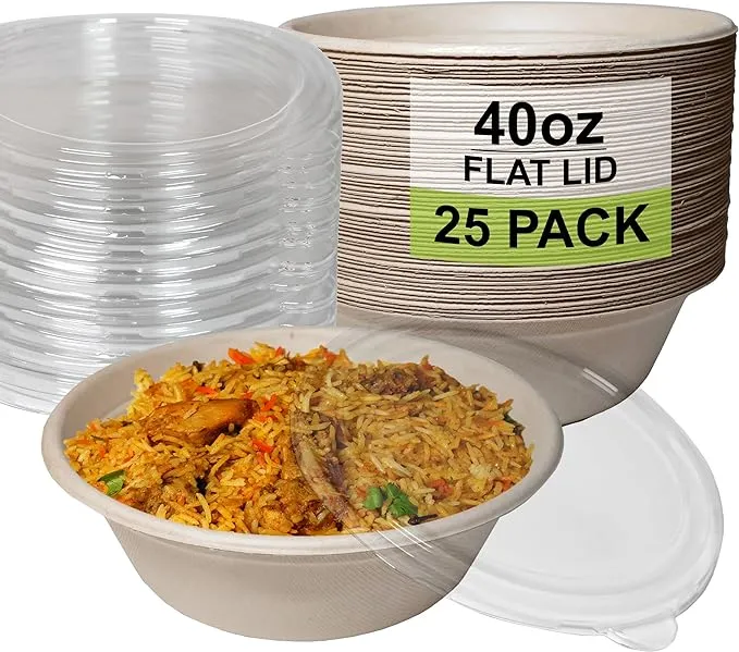 25 Pack 40 oz Round Disposable Compostable Paper Bowls with Lids Heavy-Duty, Eco-Friendly Natural Bagasse Unbleached, Heat Resistant, 100%