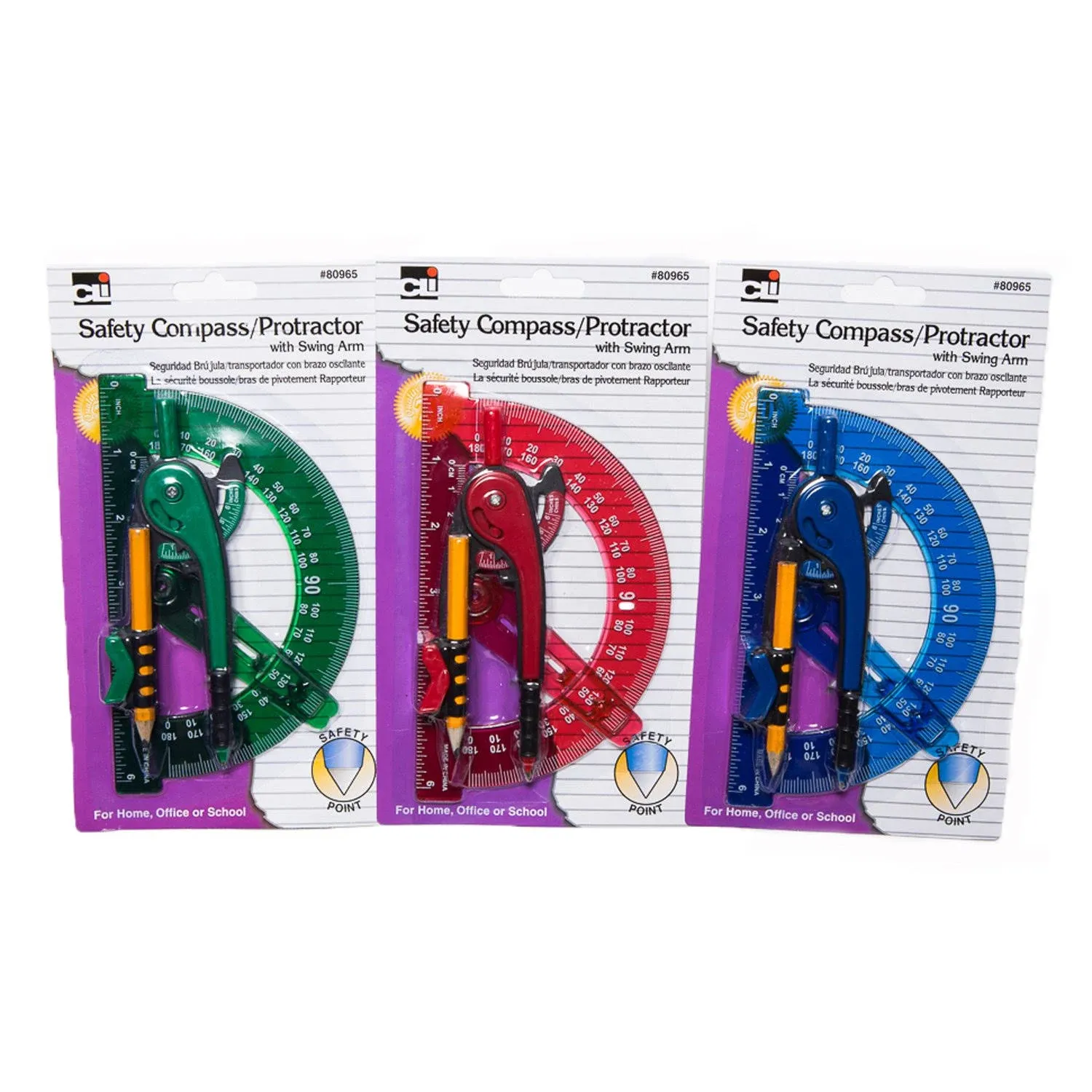 Charles Leonard CHL80965ST Compass Safety and 6" Swing Arm Protractor, Colors, Assorted