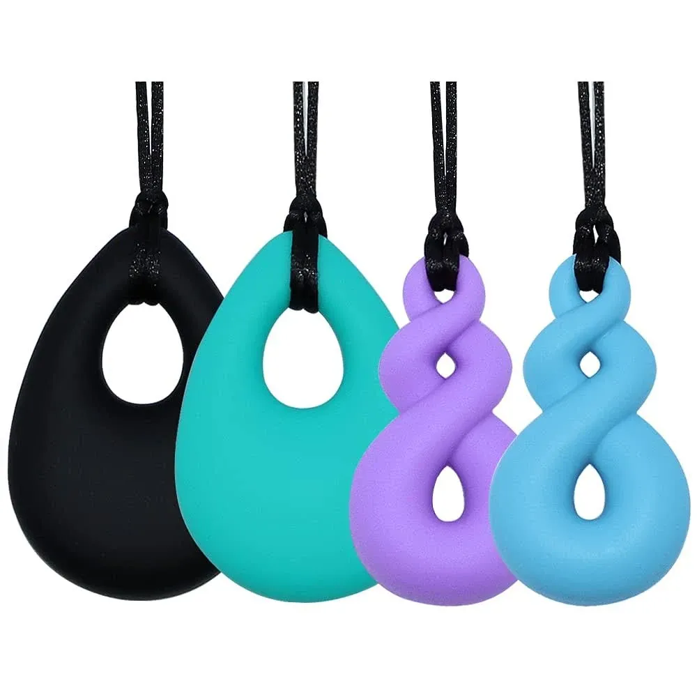 Chew Necklace for Baby Boys and Girls, 4 Pack Silicone Teething Necklace Teardrop ...