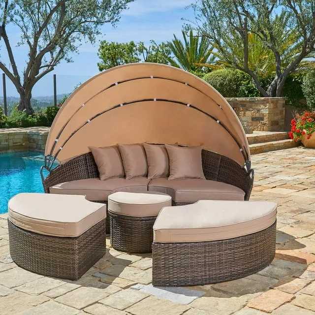 Betterland Outdoor Furniture Patio Round Daybed with Retractable Canopy, Brown Wicker Clamshell Sectional Seating with Cushions for Patio, Backyard, Porch or Poolside