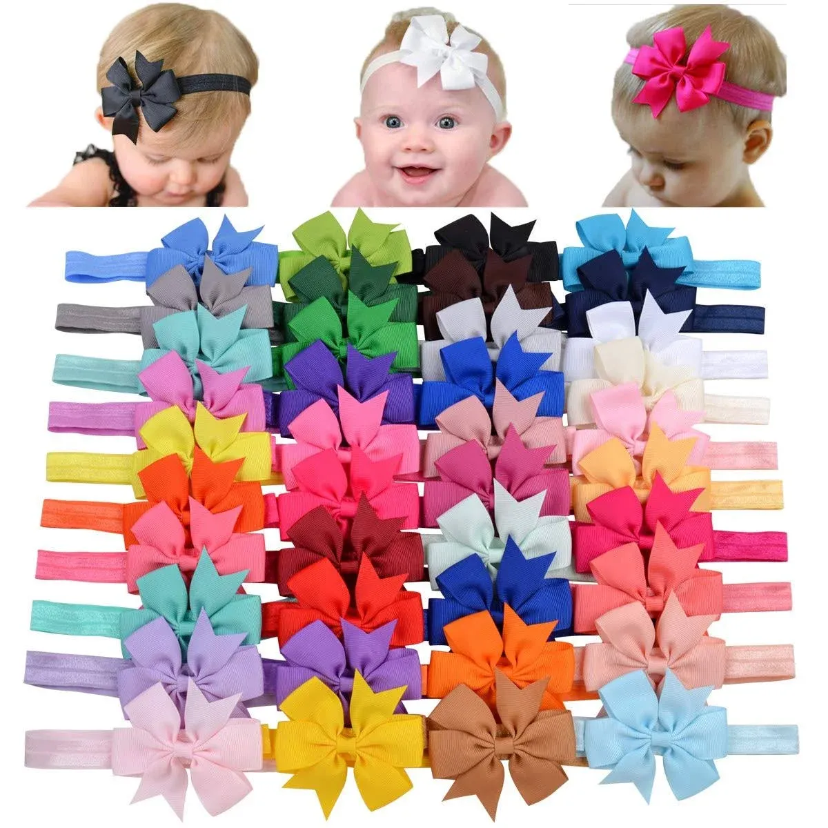 jollybows 40pcs Baby Girls Grosgrain Ribbon Hair Bows Headbands 3" Hair Band Hair ...