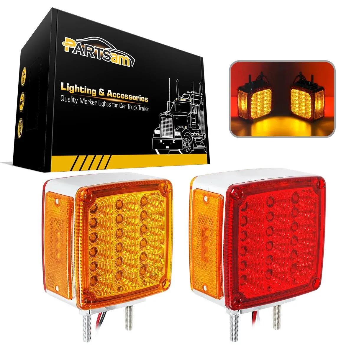 Partsam 2x Truck Trailer Square Double Face Pedestal Stop Turn Tail Light Amber/Red 39 LED for Trucks