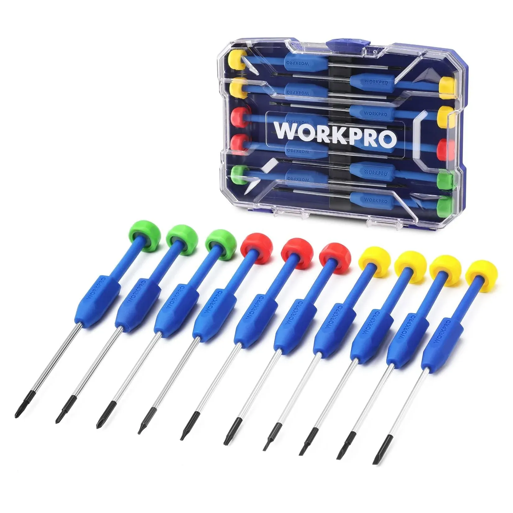 WORKPRO 10-Piece Precision Screwdriver Set with Case, Phillips, Slotted, Torx Star, Magnetic Screwdriver Repair Tool Kit in Different Sizes Colors, Non-Slip Grip for Eyeglass, Watch, Computer, Phone