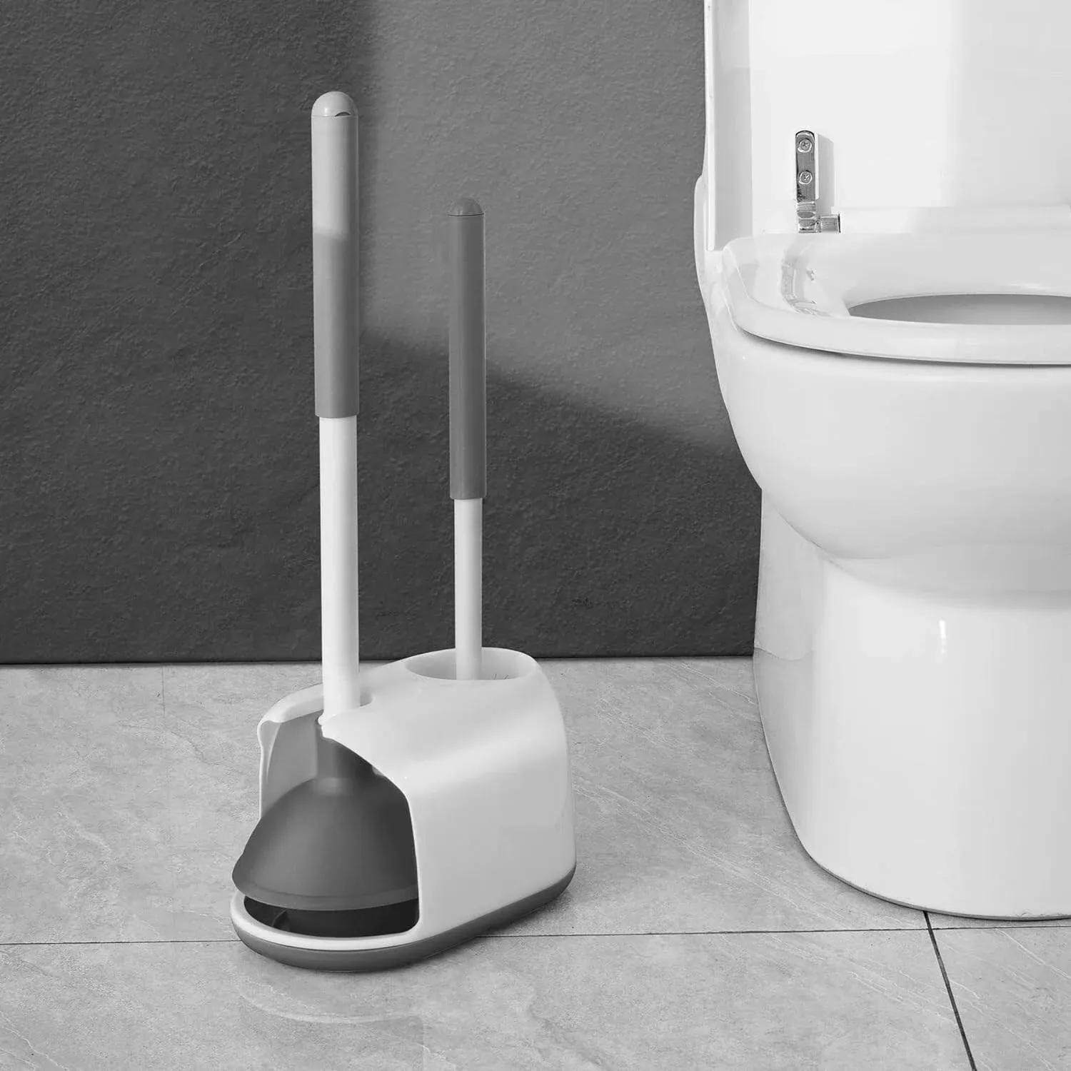 2 in 1 Toilet Plunger and Brush Set with Holder - White & Grey