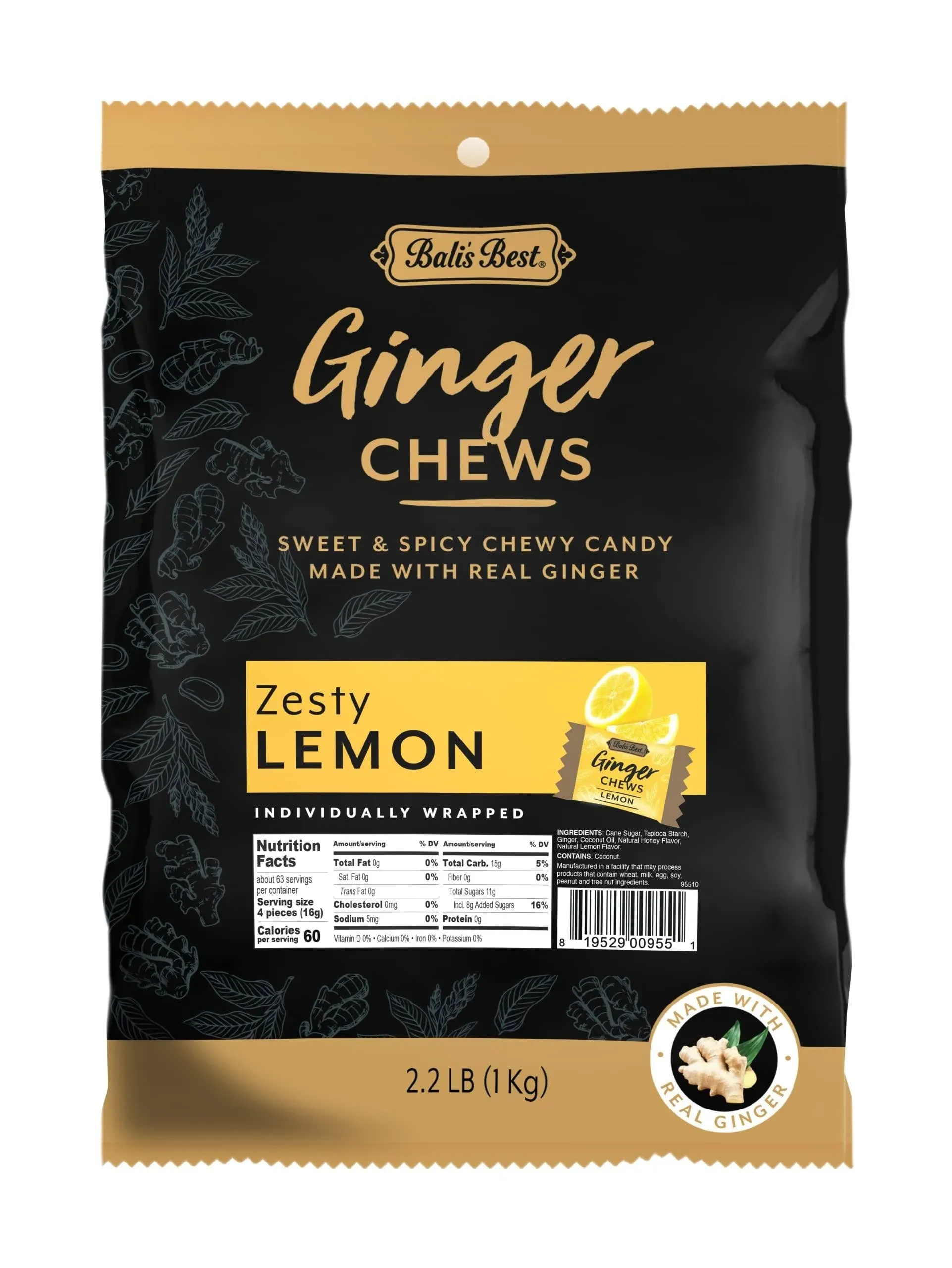 Bali's Best Ginger Chews - Zesty Lemon Flavor (2.2 lb Bulk Bag) 100% Real Ginger, Sweet Spicy Chewy Ginger Candies, Great Snacks for Sharing and Gift