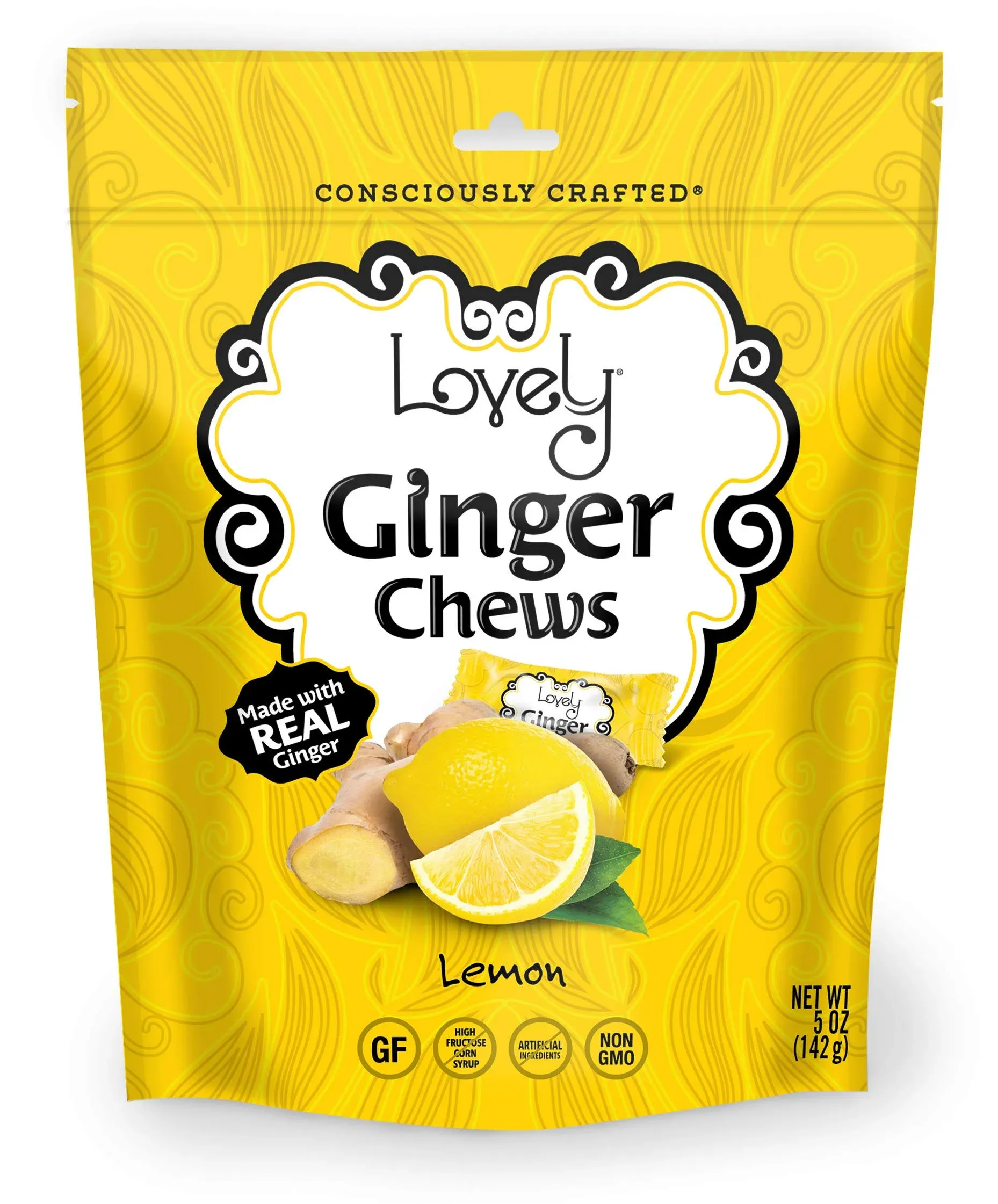 Lovely Candy Lemon Ginger Chews, Made with Real Ginger 5oz (1-Pack) | Gluten-Free, Non-GMO, NO Artificial Ingredients, NO High Fructose Corn Syrup | Halloween Candy, Party Favors, Goodie Bags