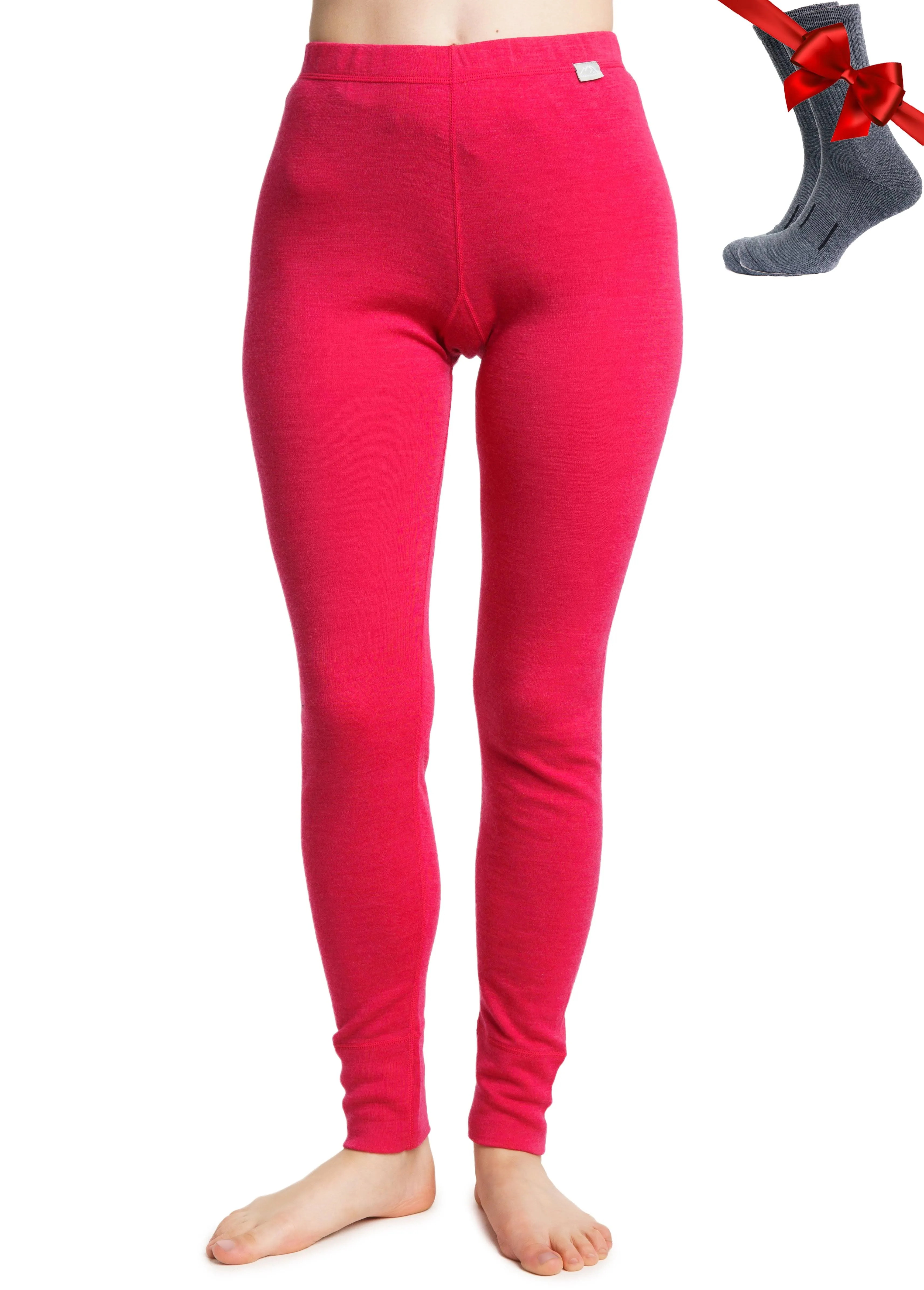 Merino Wool Base Layer Women Pants 100% Merino Wool Leggings Lightweight, Midweight Thermal Underwear Bottoms + Wool Socks