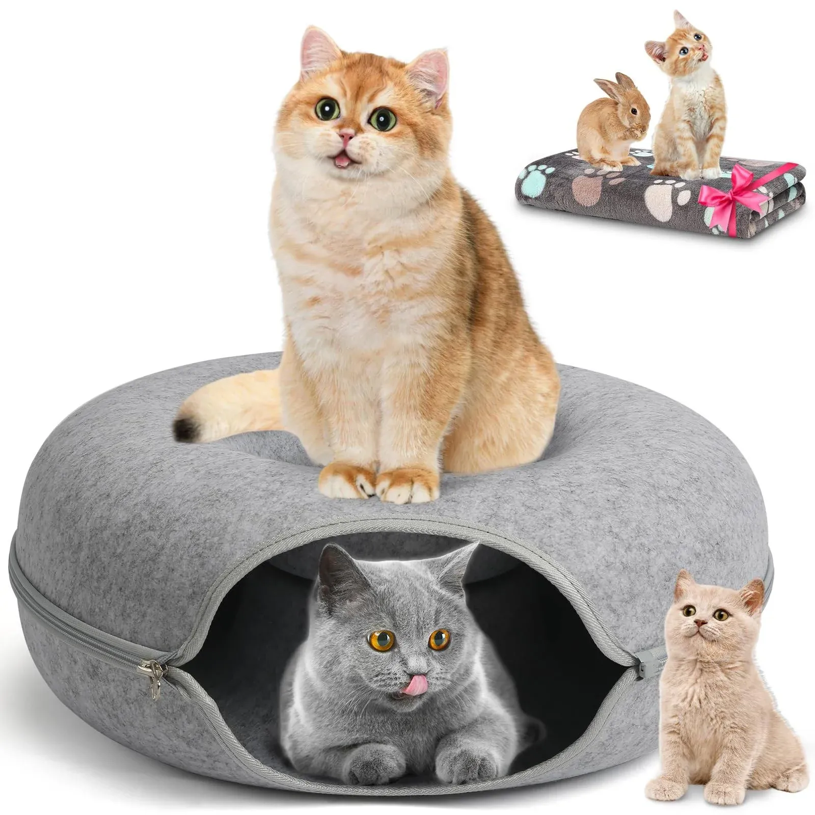 Cat Tunnel Bed, Peekaboo Cat Cave with Pet Blanket, Detachable Donut Tunnels NEW