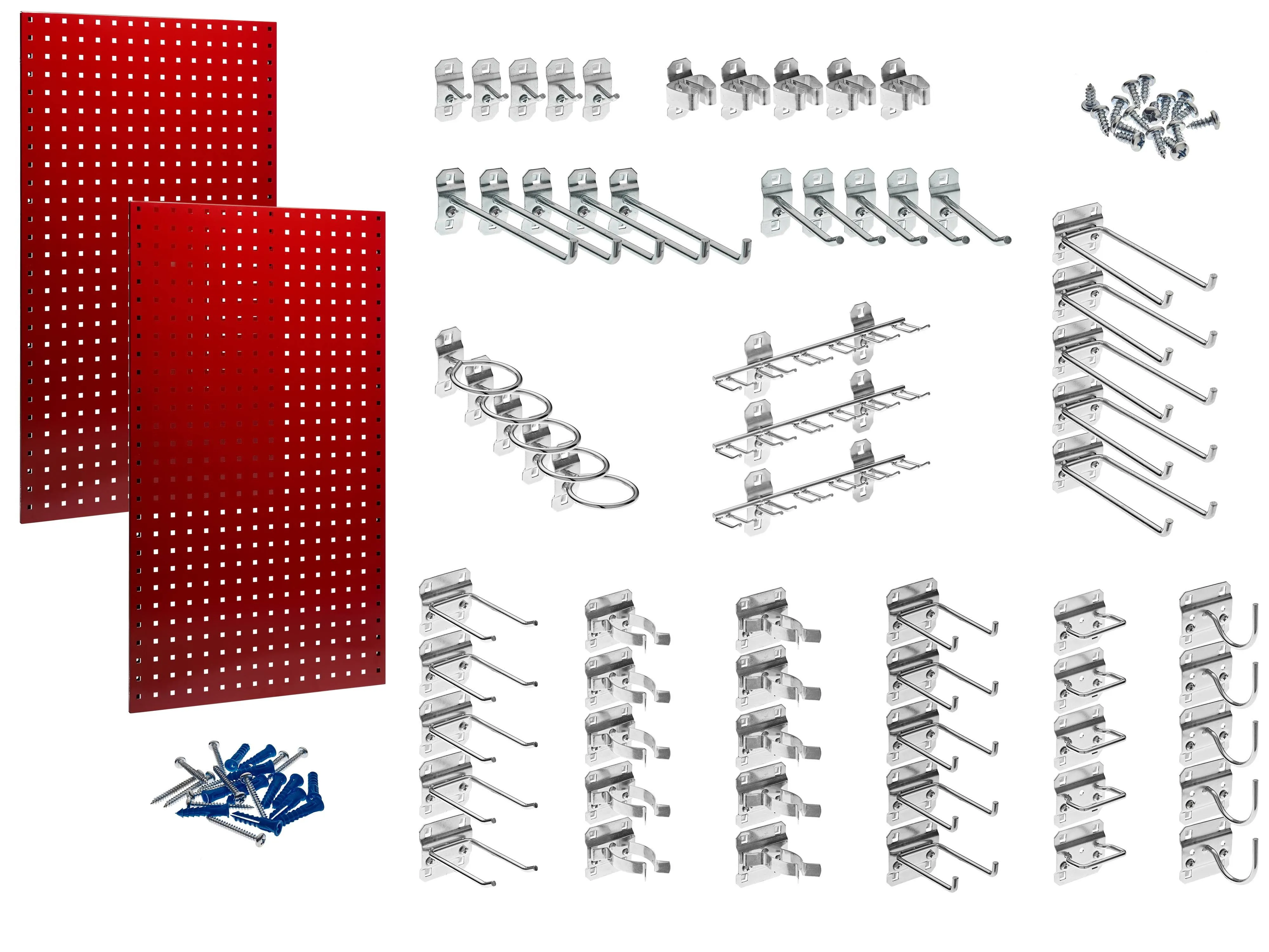 Triton Products Steel Pegboard Wall Garage Organization System - Customizable 63 Piece Hook Assortment with Dual 42" x 24" LocBoard Panels, Red