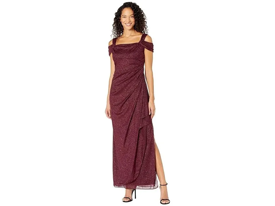 Alex Evenings Cold-Shoulder Draped Metallic Gown - Fig - Size 6