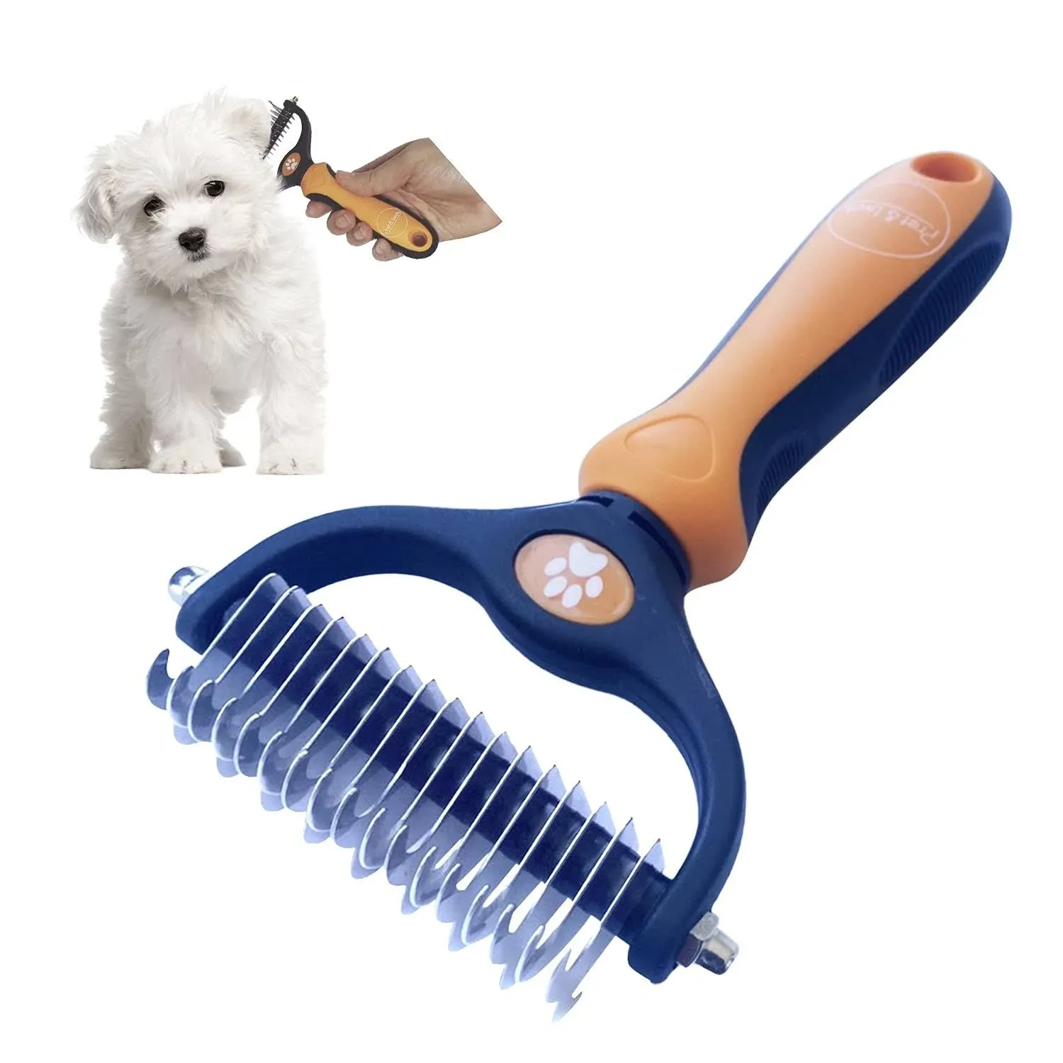 Pret & Lively 2 in 1 Pet Hair Dematting Tool Tough Mats and Tangles Undercoat Rake Comb Dogs Cats Rabbits Hairy Pets Holiday Gift Professional Grooming Brush For Deshedding Extra Wide (Orange)