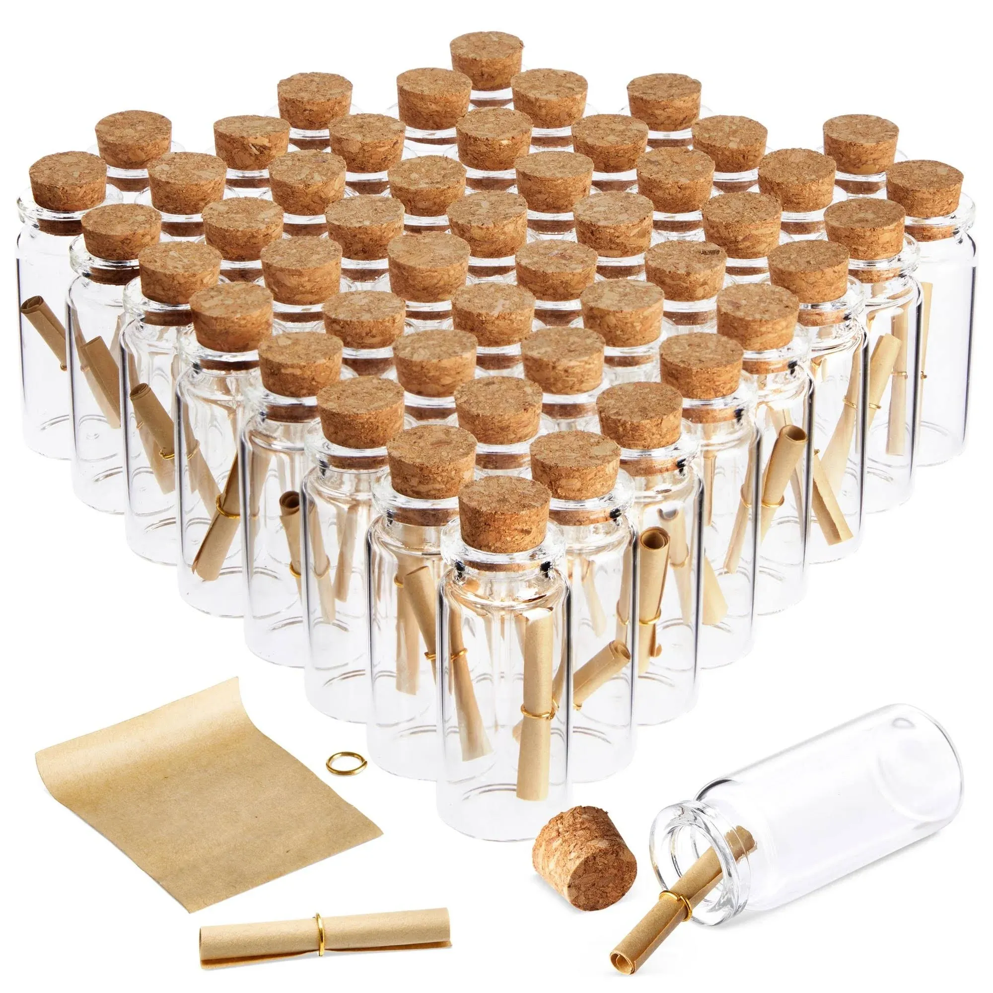 48 Pack 10ml Create A Message in A Bottle Kit, Bulk Small Glass Cork Bottles with Scrolls for Wedding Favors Clear