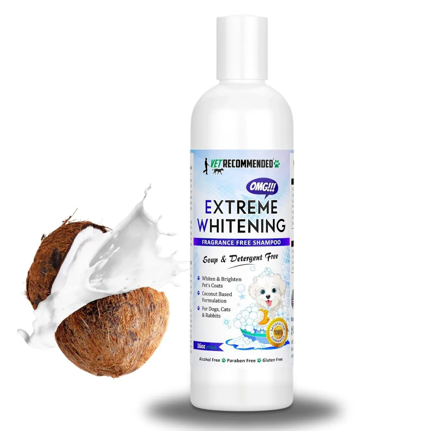 OMG Extreme Dog Whitening Shampoo (16 Oz) - Coconut Based 100% Safe - Free from Soaps, Detergent, Bleach & Fragrance - Make Your Dog's Coat Clean, Silky and Smooth. Made in USA