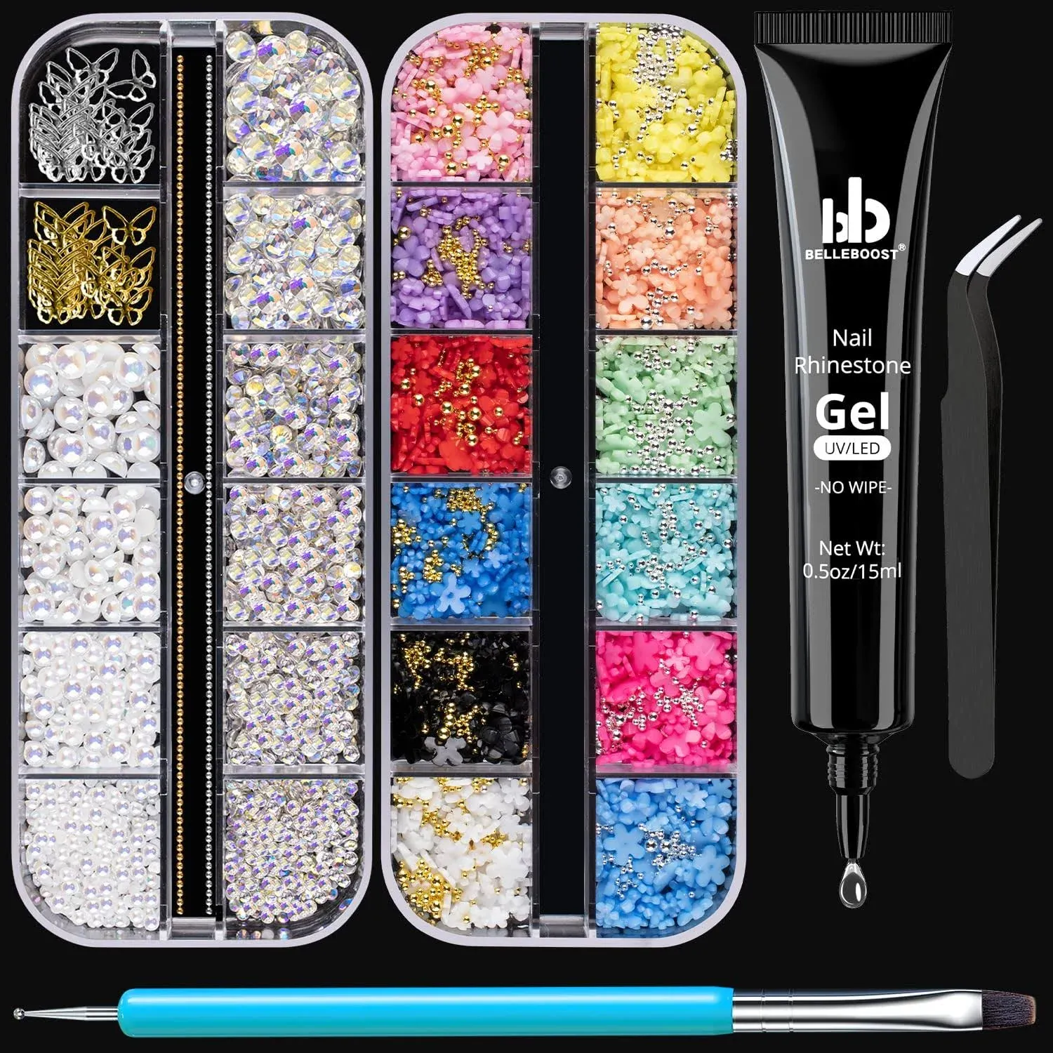 BELLEBOOST Nail Art Rhinestone Glue Gel&2 Boxes 3D Charms Accessories Kit 1, 1 PC ...