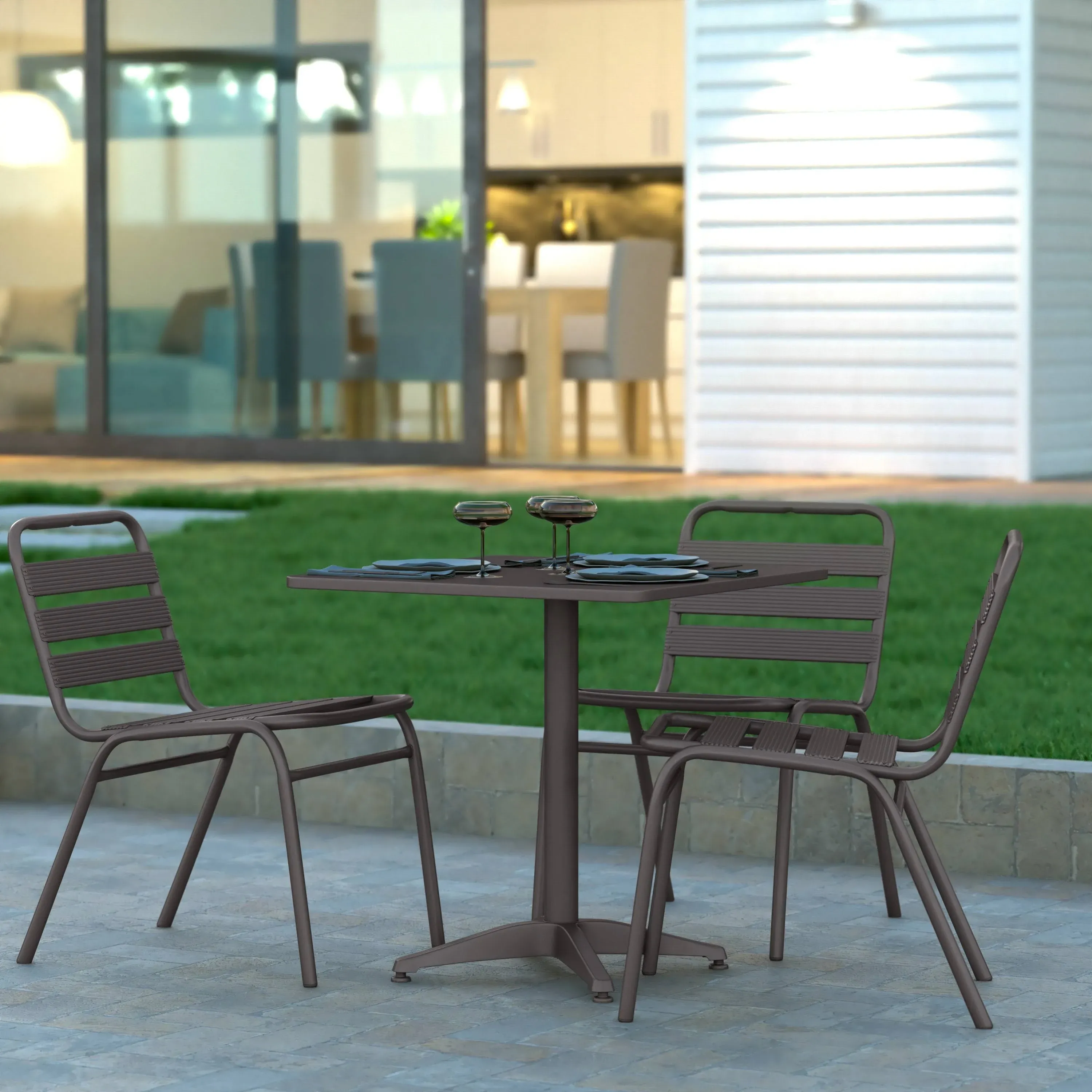 Emma + Oliver 27.5'' Square Aluminum Indoor-Outdoor Table with Base, Bronze