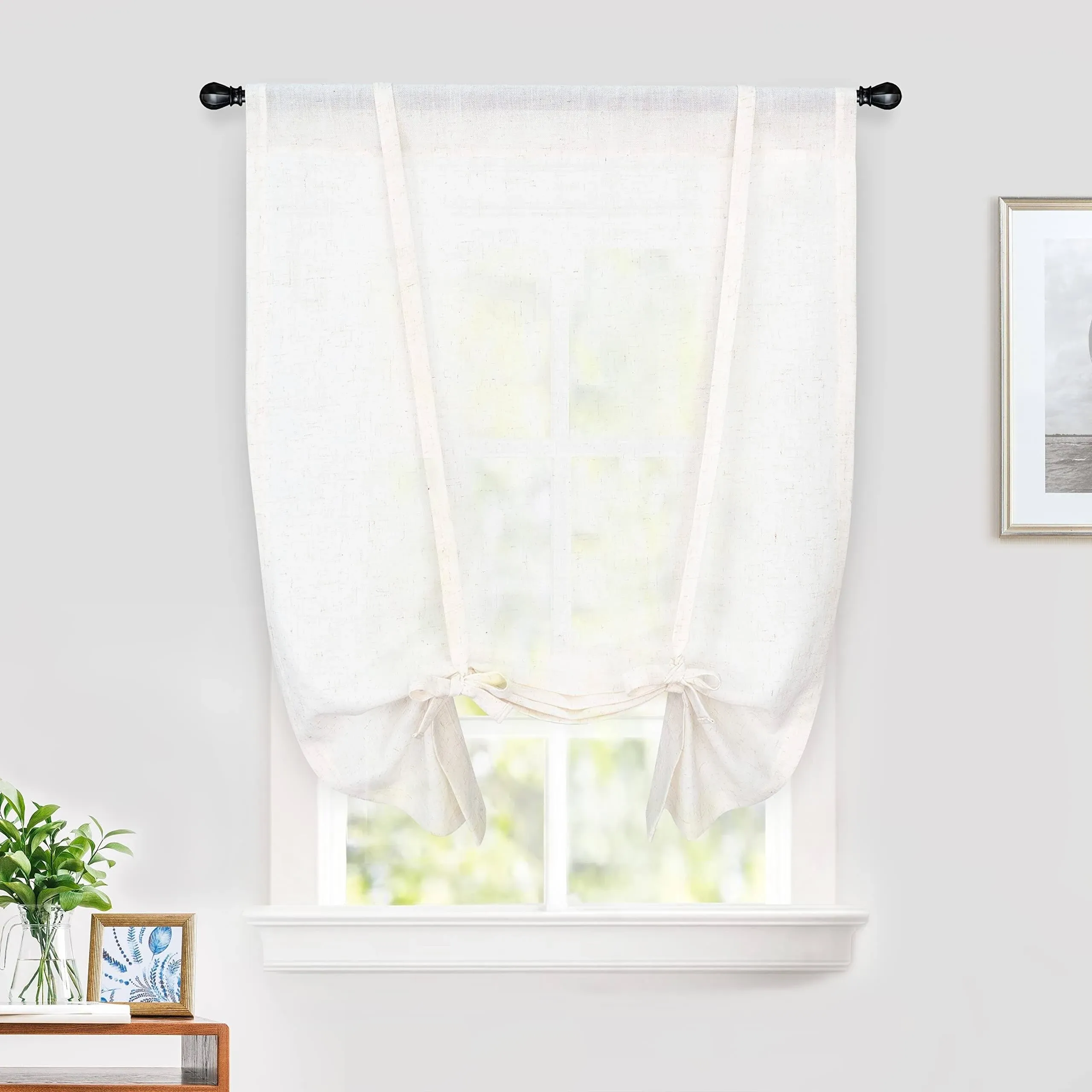 DriftAway Solid Linen Blend Sheer Voile Tie Up Decorative Adjustable Balloon Rod Pocket Curtains for Small Window