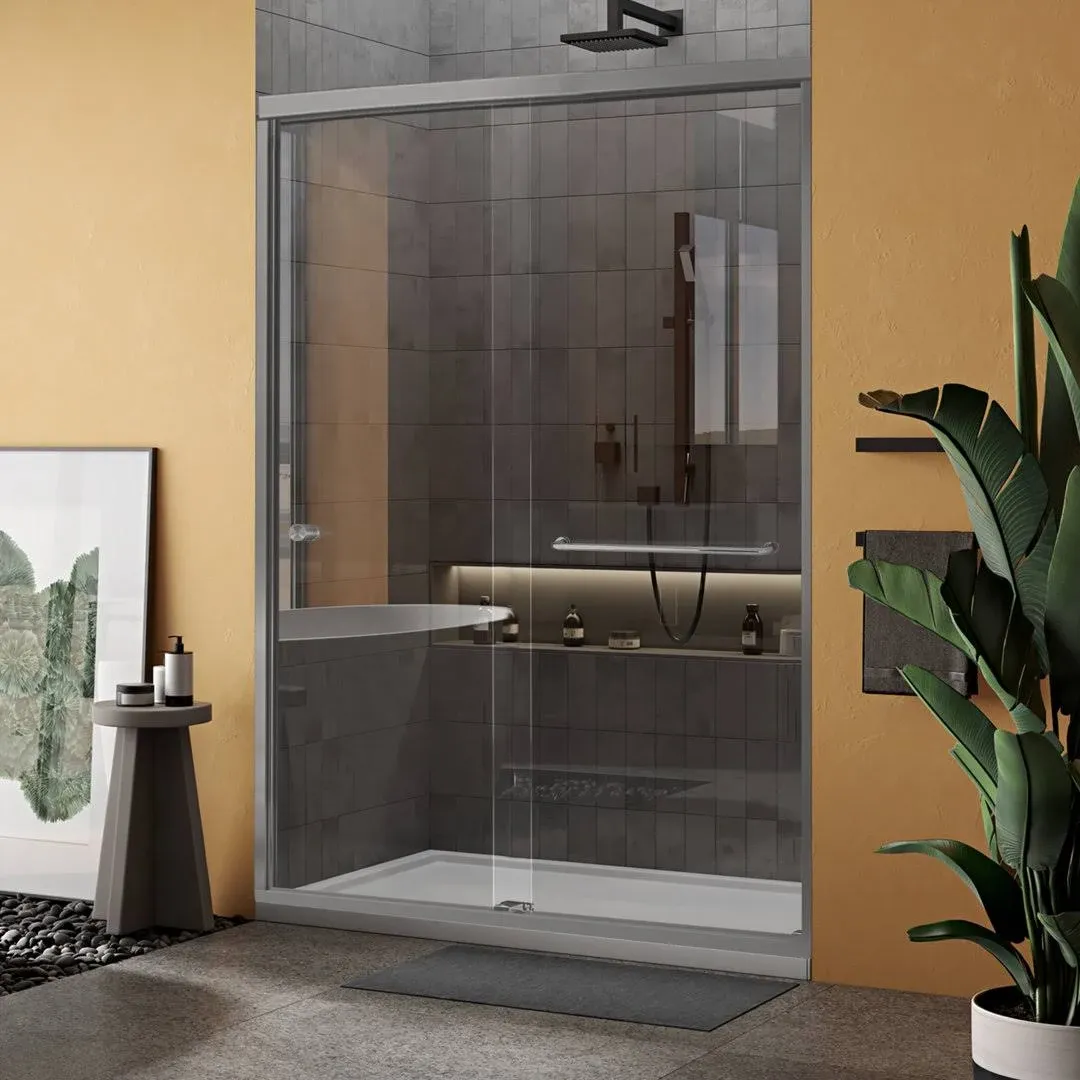 Bypass Sliding Tub Shower Door Sorrento Economy Series Adjustable 56"-60" Width 62" Height - Semi-Frameless Brushed Nickel Finish - 1/4" Clear Tempered Glass Smart Guard Easy Clean Coating