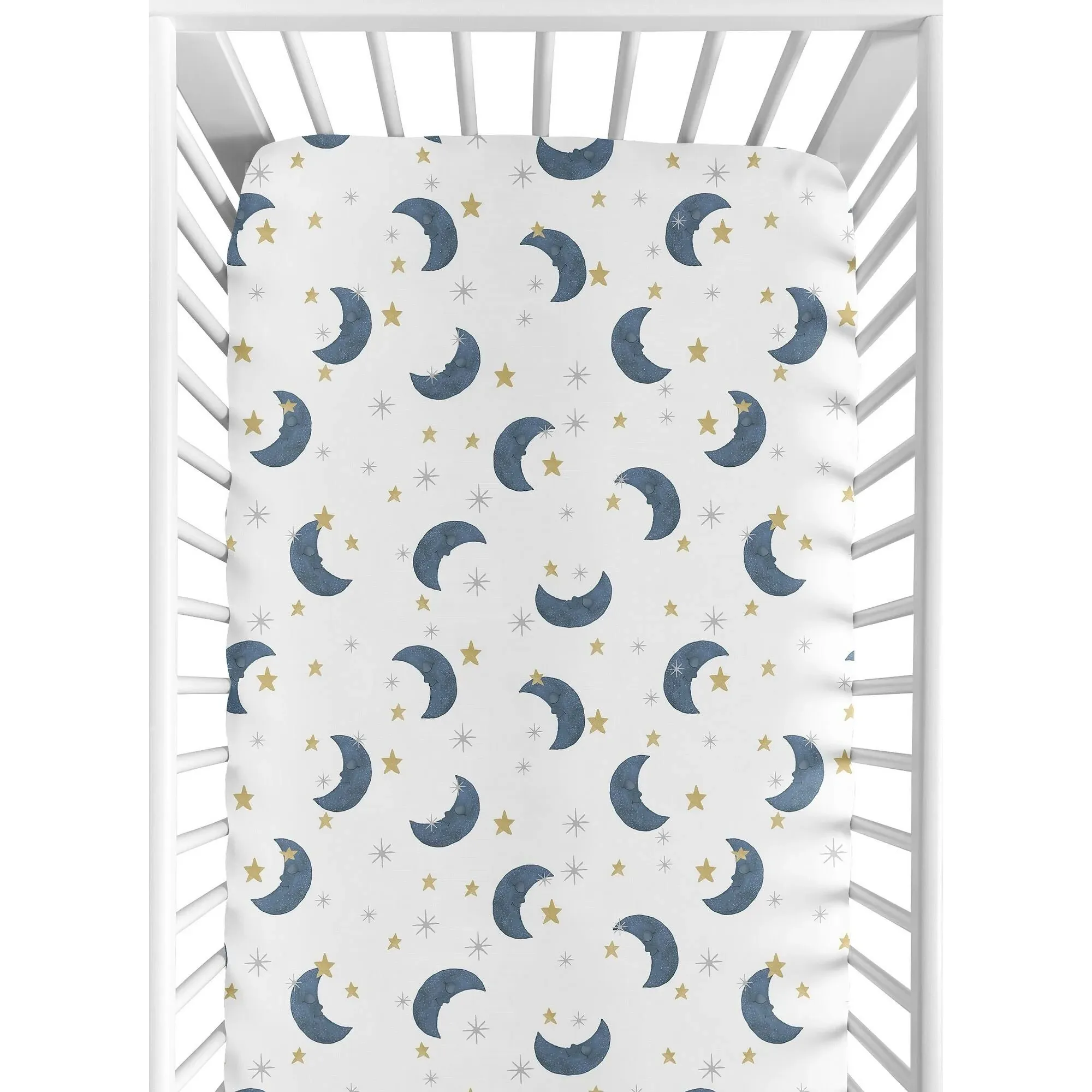 Sweet Jojo Designs Moon and Star Boy or Girl Fitted Crib Sheet Baby or Toddler Bed Nursery - Navy Blue and Gold Watercolor Celestial Sky