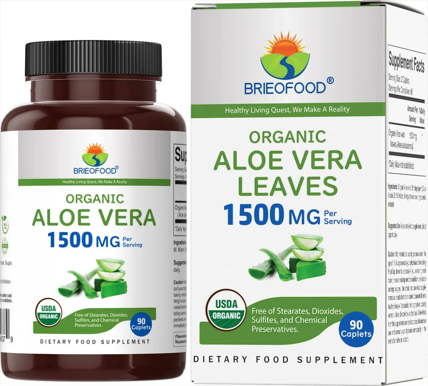 Brieofood Organic Aloe Vera 1500mg, 45 Servings, Vegetarian, Gluten Free, 90 Vegetarian Tablets