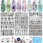 Biutee Nail Art Stamping Plate Kit Jelly Silicone Stamper Nail Design Stencils Printer Scraper Storage Bag Tool Set StampTemplate with Flower Line