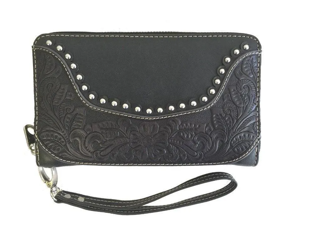 Montana West 2-in-1 Tooled Leather Wristlet Wallet Black