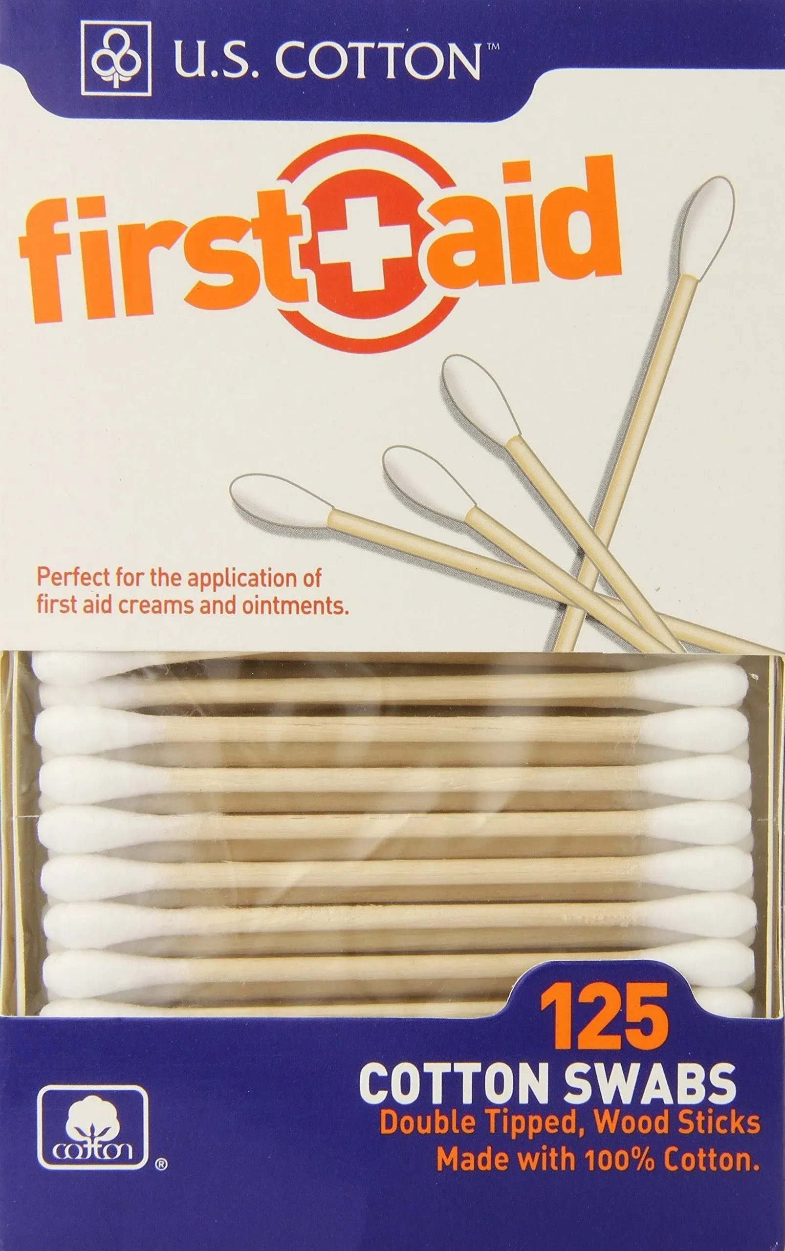 U.S. Cotton First Aid or Baby 100% Cotton Swabs, Wood Stick, 125 Count Boxes (Pack of 6 Boxes)