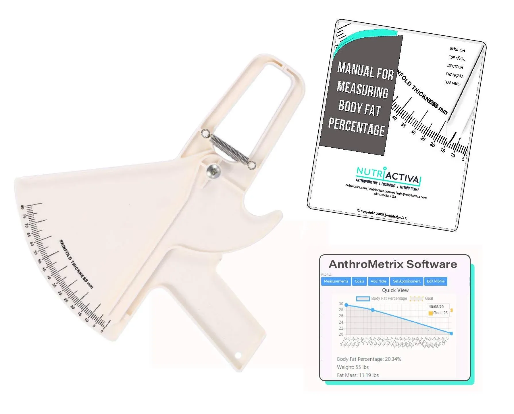 Slim Guide Skinfold Caliper with Body Fat Software and Multilingual Manual (White)