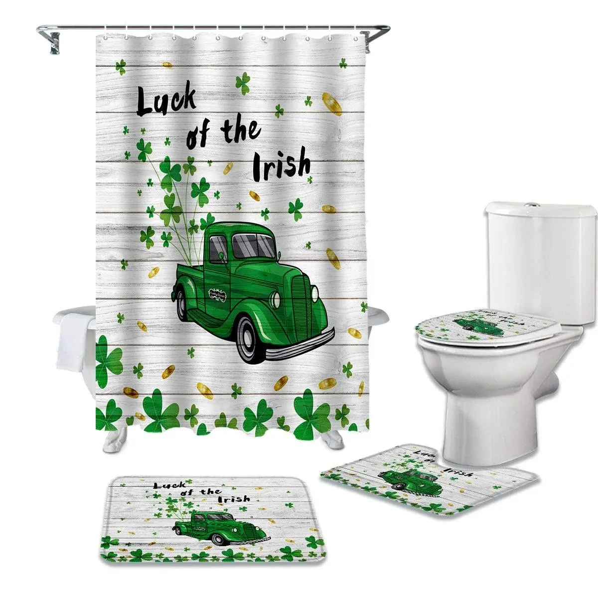 St.Patrick's Luxury Shower Curtain Set 4 Pcs for Bathroom,Saint Patrick's Day Luck of Irish Green Truck Durable Waterproof Bath Curtains with Non-Slip Bath Rug Mat,Toilet Lid Cover & Contour Mat