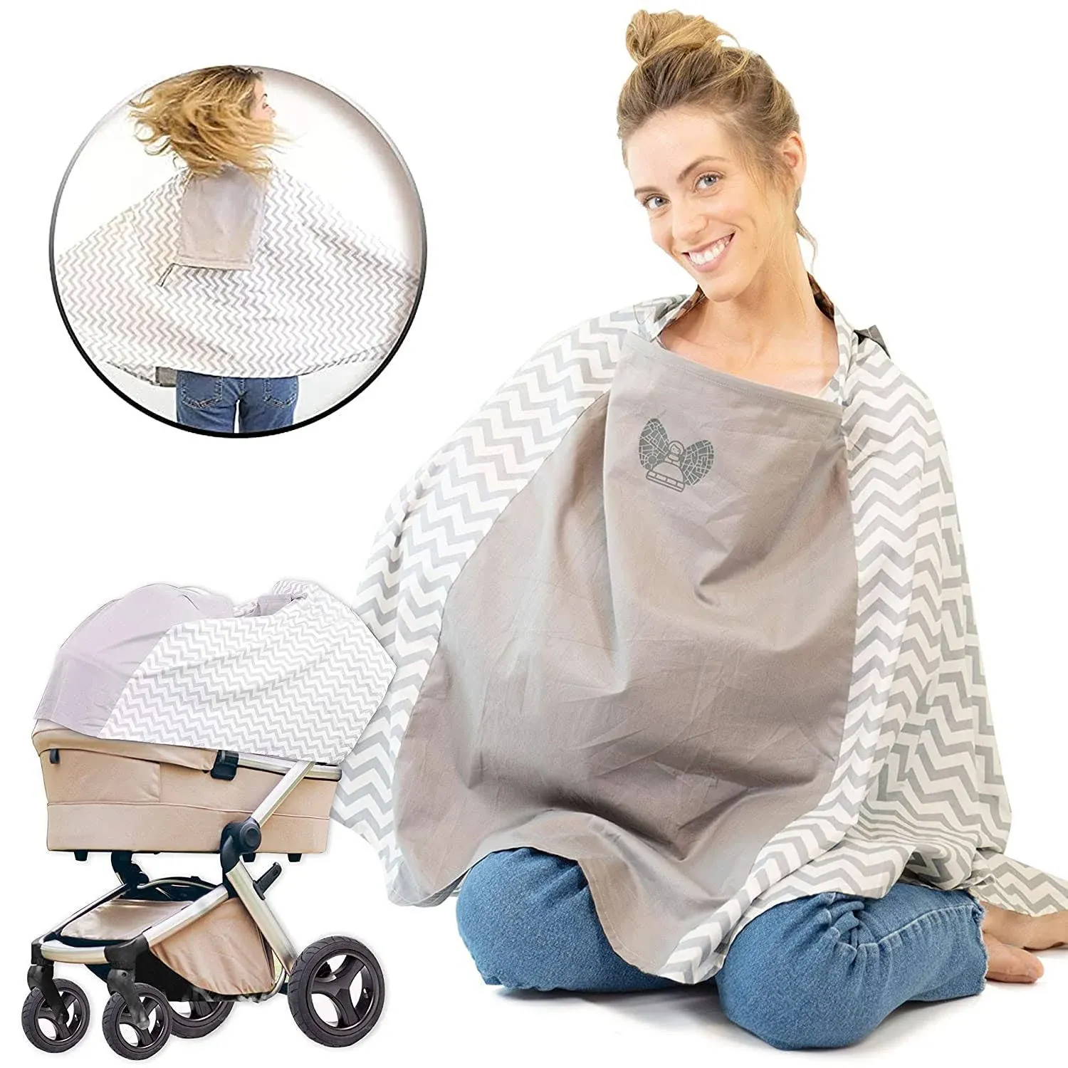 Nursing Cover for Breastfeeding - 360 Degree Privacy Poncho, View Baby Hands-Free, Soft & 100% Breathable Cotton, Attached Carry Bag, 8-in-1 Uses, Covers Car Seat & Shopping Cart