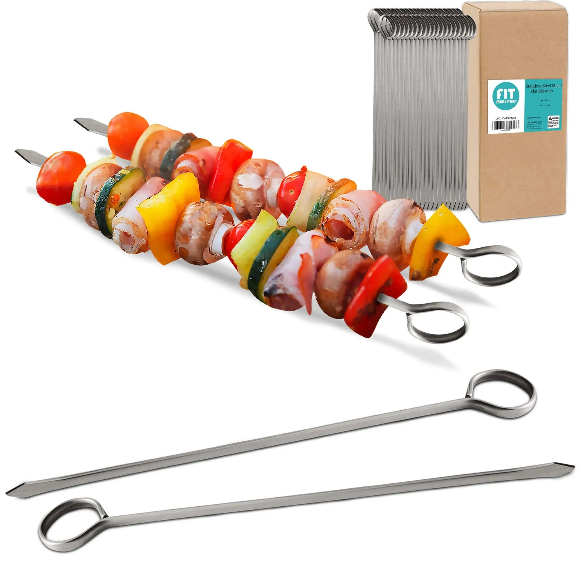 Fit Meal Prep [48 Pack] 8 Stainless Steel Flat Metal Skewers, Kabob Grilling Sticks, BBQ Mediterranean Mexican Cocktail Party, for Appetizers Shish Kebab Meat Fruits Vegetables, Dishwasher Safe