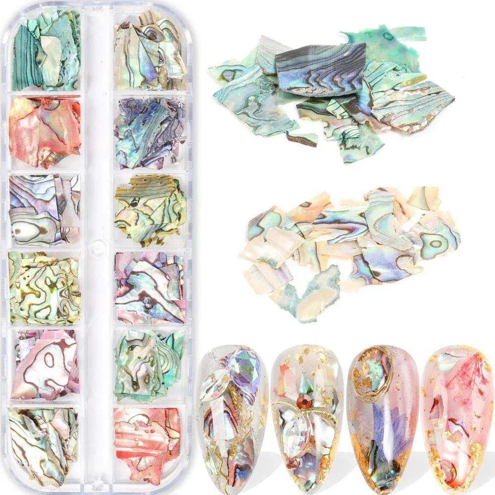 Kistreao Irregular Abalone Shell Slices 12 Colors Colorful Natural Nail Art Shell ...